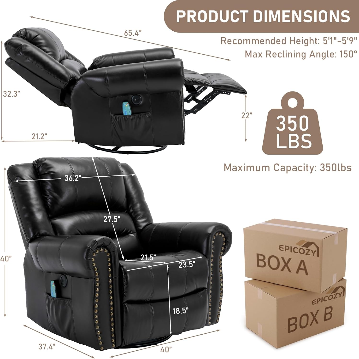 Manual Massage Swivel Rocker Recliner with Heat and Vibration, 360° Swivel Glider Rocking Recliner Chair, Classic Living Room Lounge Recliners with Side Pockets & USB Ports, Black