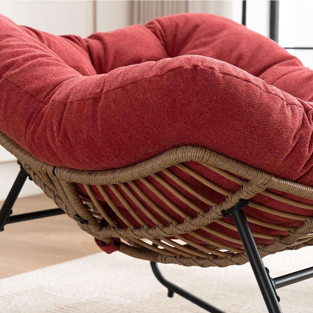 Outdoor Papasan Chair, Oversized Rocking Chair with Cushion and Metal Frame, Patio Lounge Rocking Chair for Balcony Backyard Porch Bedroom Living Room (Red)