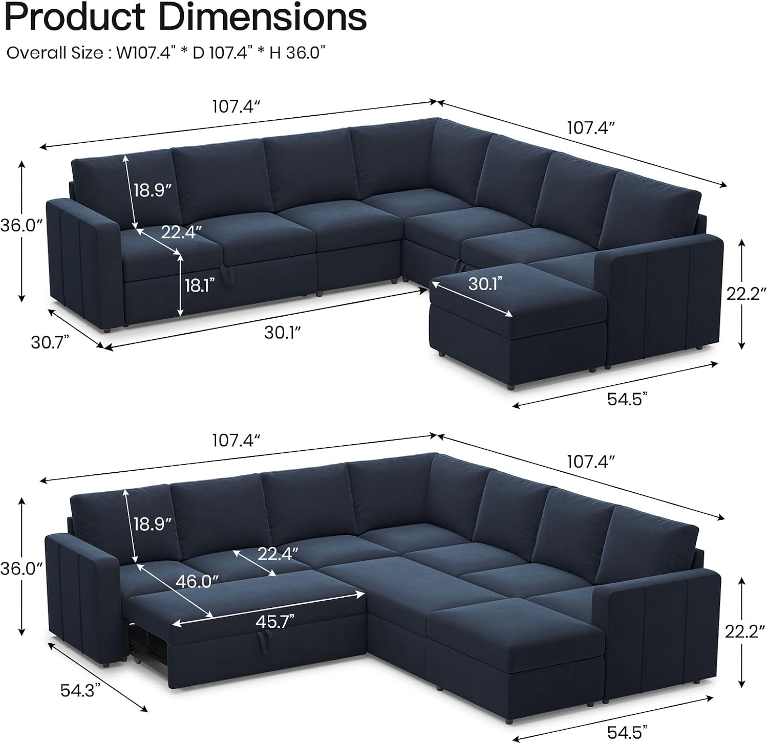 Belffin Modular Sectional Sofa with Sleeper Sofa Couch Pullout Bed, Oversized U Shaped Sleeper Sectional Couch with Storage Seat for Living Room, Blue