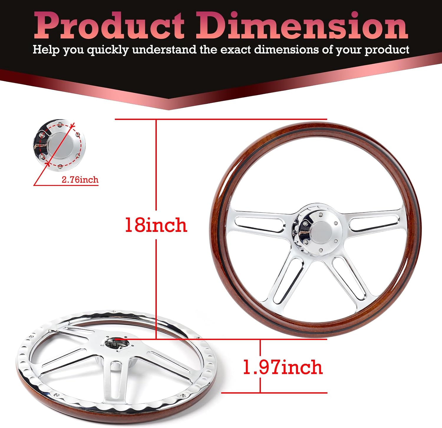 18' Solid Wood lacquering Truck Steering Wheel Chrome-Plated Aluminum Alloy 5-Bolt,Deep Dish 50mm,Fit for Kenworth for Peterbilt for Freightliner for Volvo Trucks Dark Wood Grip Steering Wheel