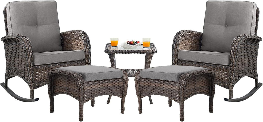 Belord Patio Rocking Chairs Furniture Set - 5 Piece Outdoor Wicker Furniture Sets with Ottomans, Small Patio Conversation Sets with Wicker Rocking Chairs Brown/Grey