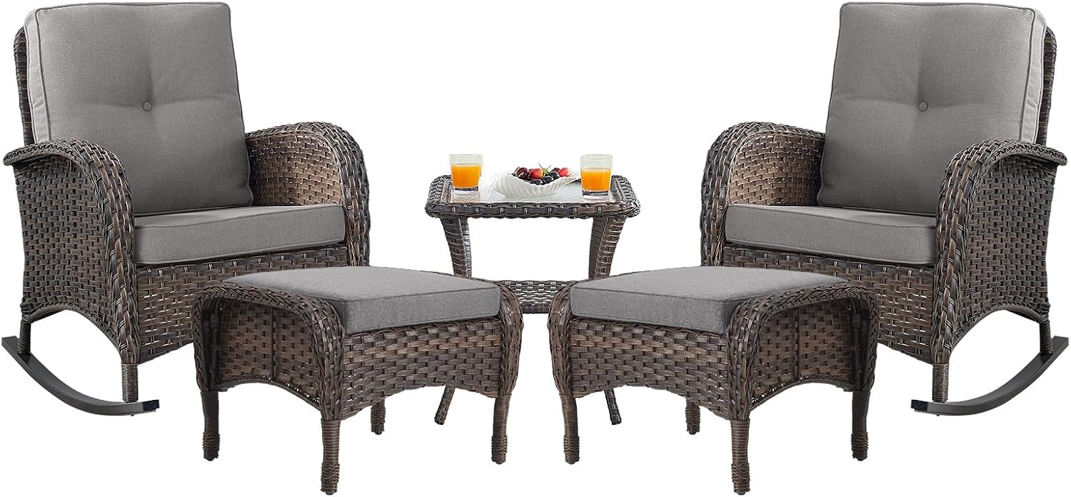 Belord Patio Rocking Chairs Furniture Set - 5 Piece Outdoor Wicker Furniture Sets with Ottomans, Small Patio Conversation Sets with Wicker Rocking Chairs Brown/Grey