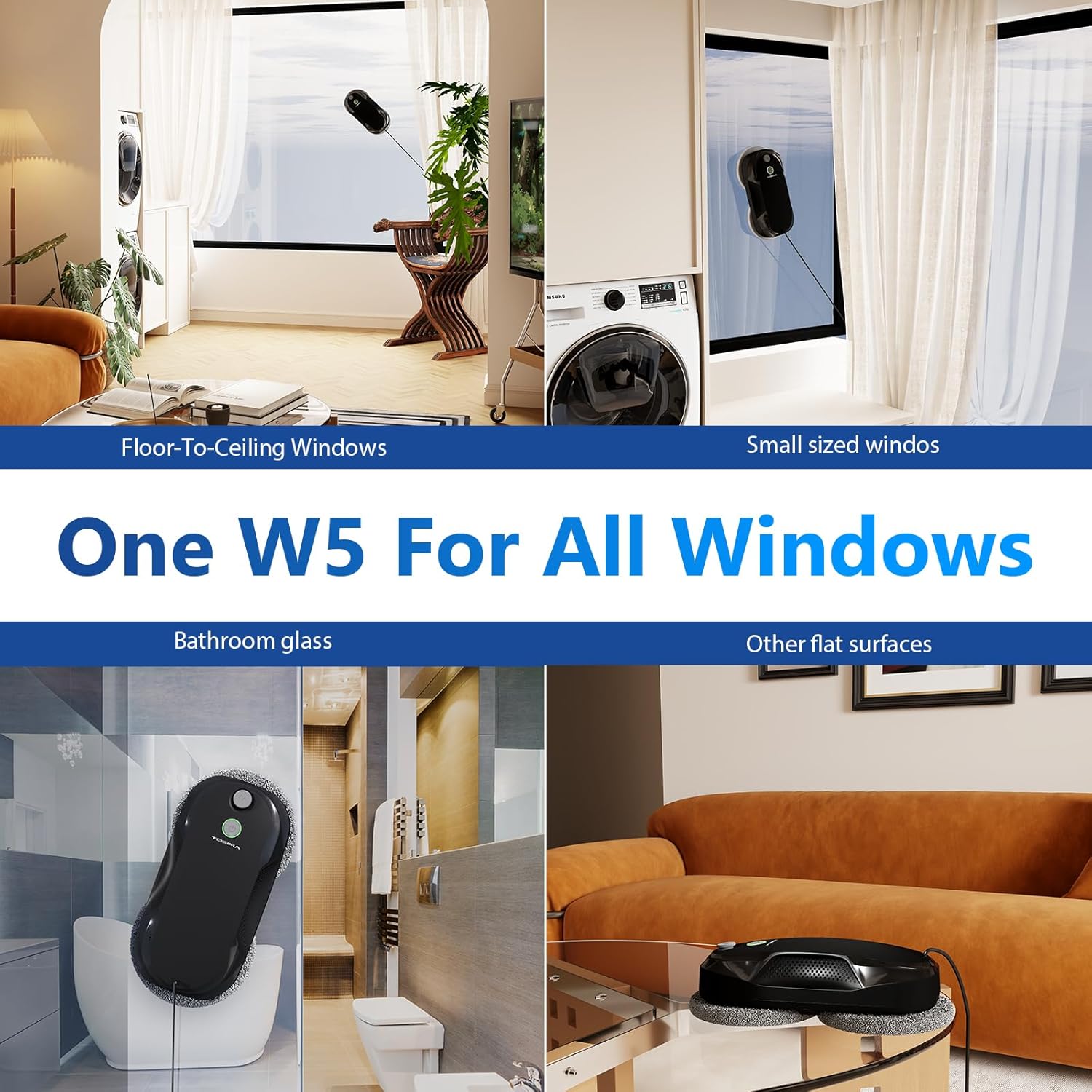 Tosima W5 Window Cleaning Robot, Dual Direction Auto-Spray Smart Window Cleaner with Triple Safety System, Smart Navigation, Remote Control, for All Smooth Surfaces, with 8 Rags, Black Robotic Vacuums