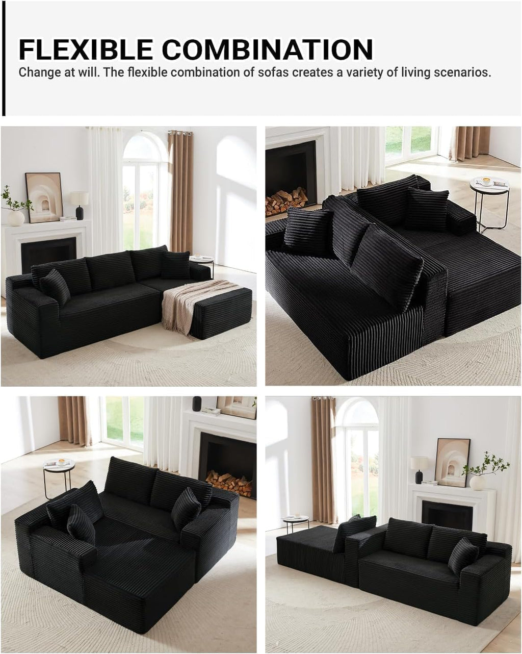 Cloud Couch Sectional, L Shaped Boneless Couch Sectional Couches for Living Room, Modern Comfy Corduroy Fluffy Modular Sofa with Deep Seat, No Assembly (Black, Left Facing Chaise)