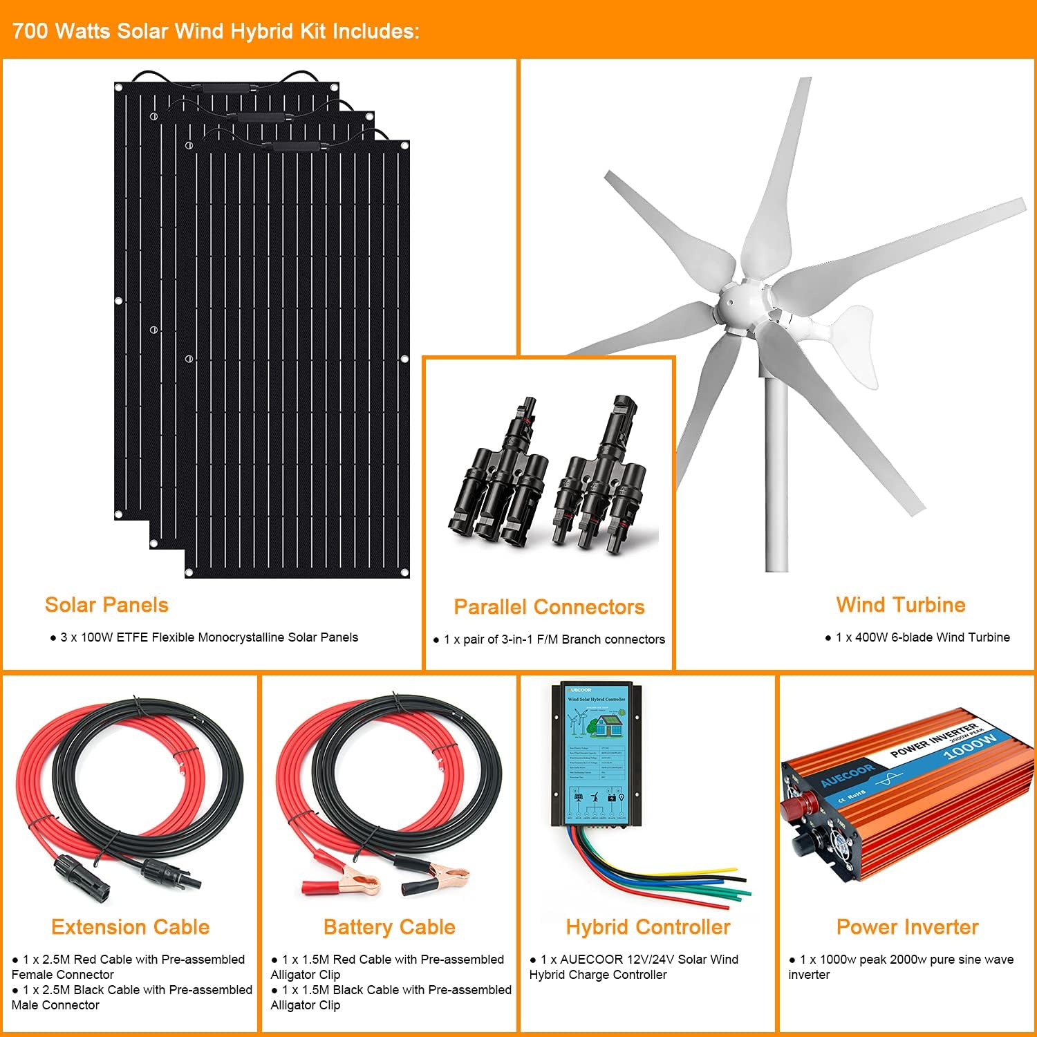 700 Watts 12 Volts Solar Panel Wind Turbine Hybrid System Kit: 3 pcs 100W ETFE Flexible Monocrystalline Solar Panel+400W Wind Turbine+1000W Inverter + Accessories,for Curvy Surface,Roofs,RV