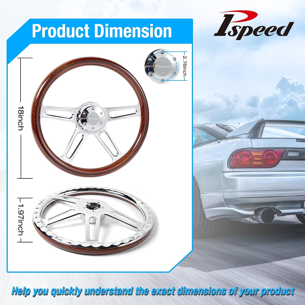 18 in Solid Wood lacquering Truck Steering Wheel,4 Spokes 5-Bolt Chrome Aluminum Classic Wood Grain Steering Wheel 5 Bolt fit For Kenworth,for Peterbilt,for Volvo,for Freightliner