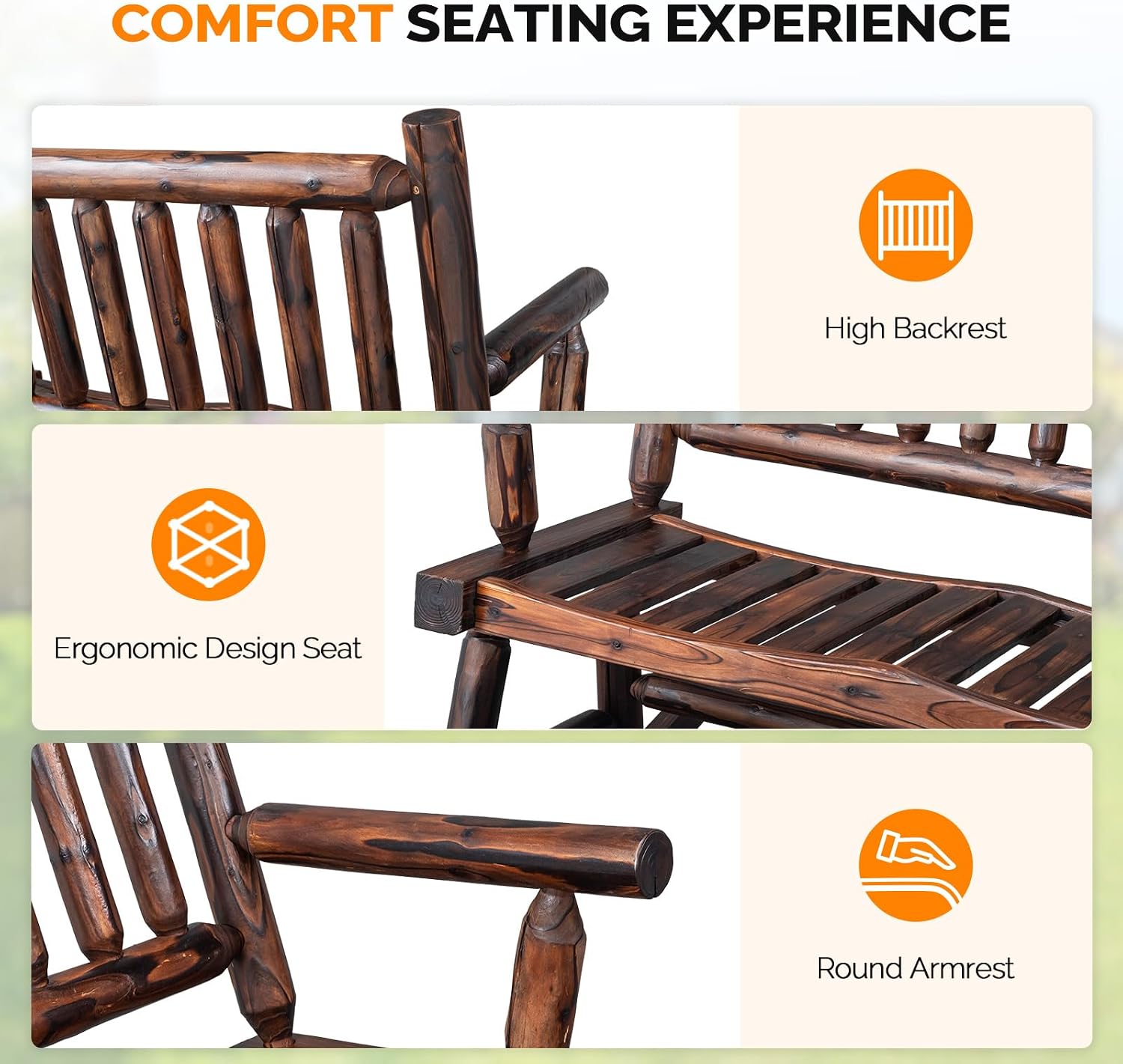 VINGLI Fir Wood Double Rocking Chair for Porch & Garden - 550lb Capacity Weather-Resistant Outdoor Glider Bench with High Backrest, Patio Rocker for Couples Backyard, Deck, Rustic