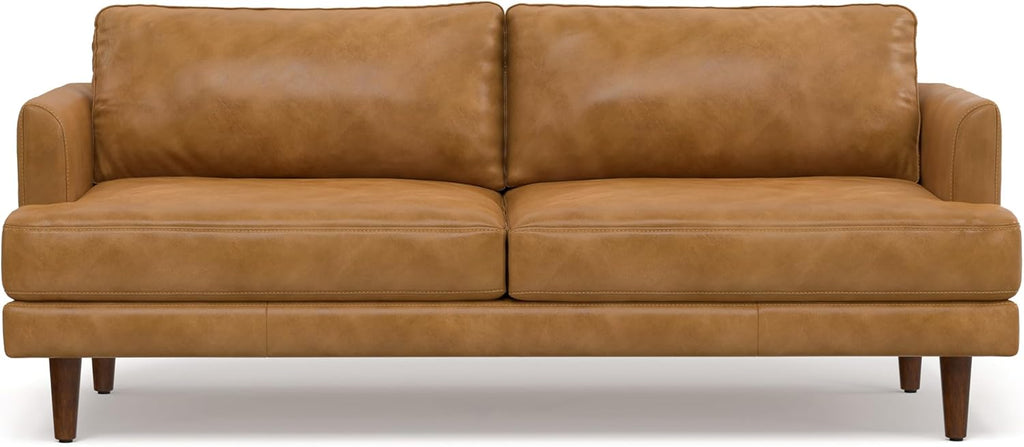 SIMPLIHOME Livingston Sofa - 76' Wide x 33' High Top Grain Genuine Leather Sofa in Sienna, Mid-Century Modern Loveseat for Living Room with Removable Feather-Wrapped Cushions and Solid Wood Frame