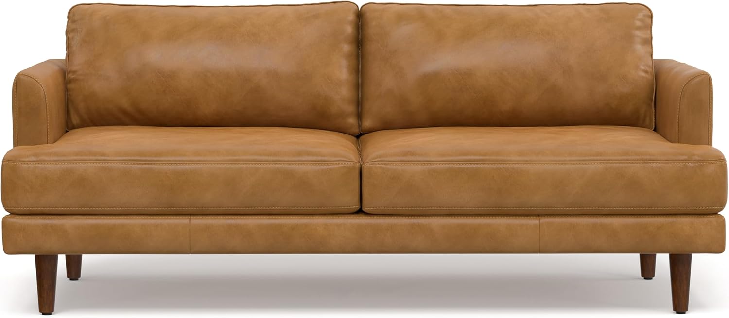 SIMPLIHOME Livingston Sofa - 76' Wide x 33' High Top Grain Genuine Leather Sofa in Sienna, Mid-Century Modern Loveseat for Living Room with Removable Feather-Wrapped Cushions and Solid Wood Frame