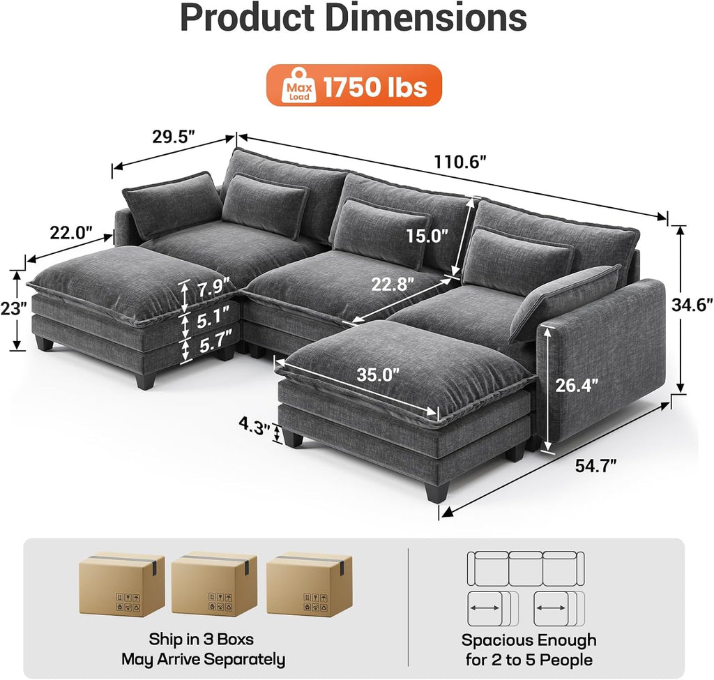 Pipishell 110.6' Modular Sectional Sofa, U Shaped Cloud Couch with Movable Ottoman, 5-Seat Chenille Deep Seat Cloud Modular Sectional Sofa with Throw Pillows for Living Room & Apartment, Grey