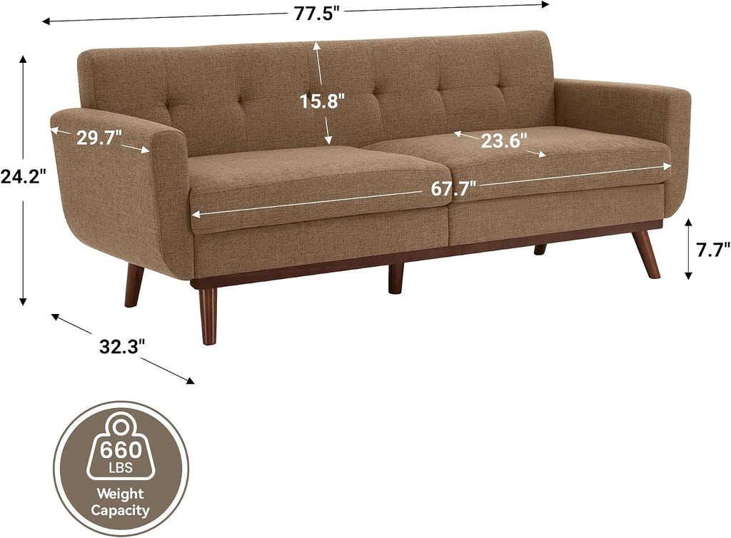 Kingfun 77.2' W Loveseat Sofa, Mid Century Modern Decor Love Seat Couches for Living Room, Button Tufted Upholstered Furniture, Solid & Easy to Install Small Couch for Bedroom, Office Apartment, Brown