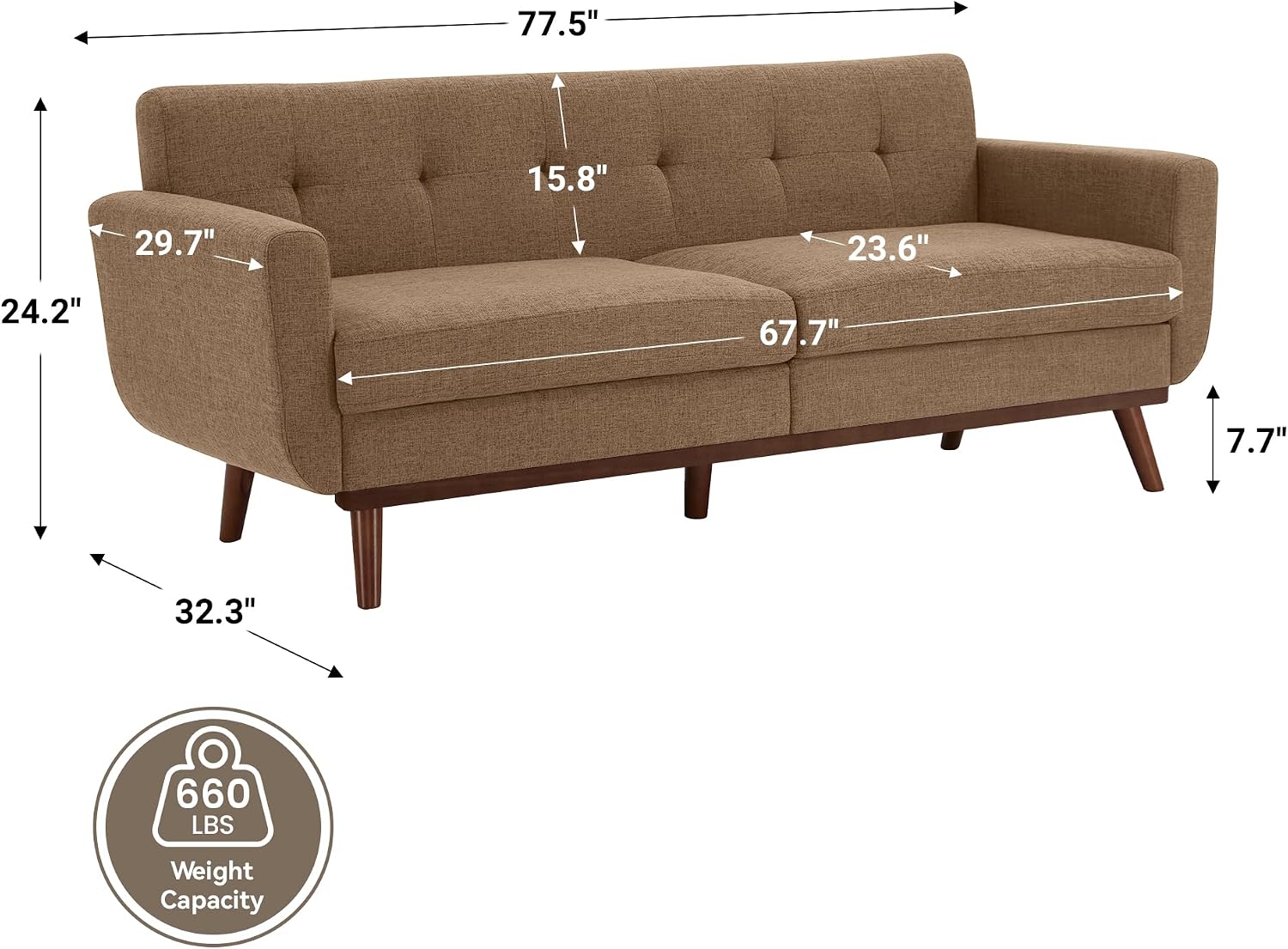 Kingfun 77.2' W Loveseat Sofa, Mid Century Modern Decor Love Seat Couches for Living Room, Button Tufted Upholstered Furniture, Solid & Easy to Install Small Couch for Bedroom, Office Apartment, Brown