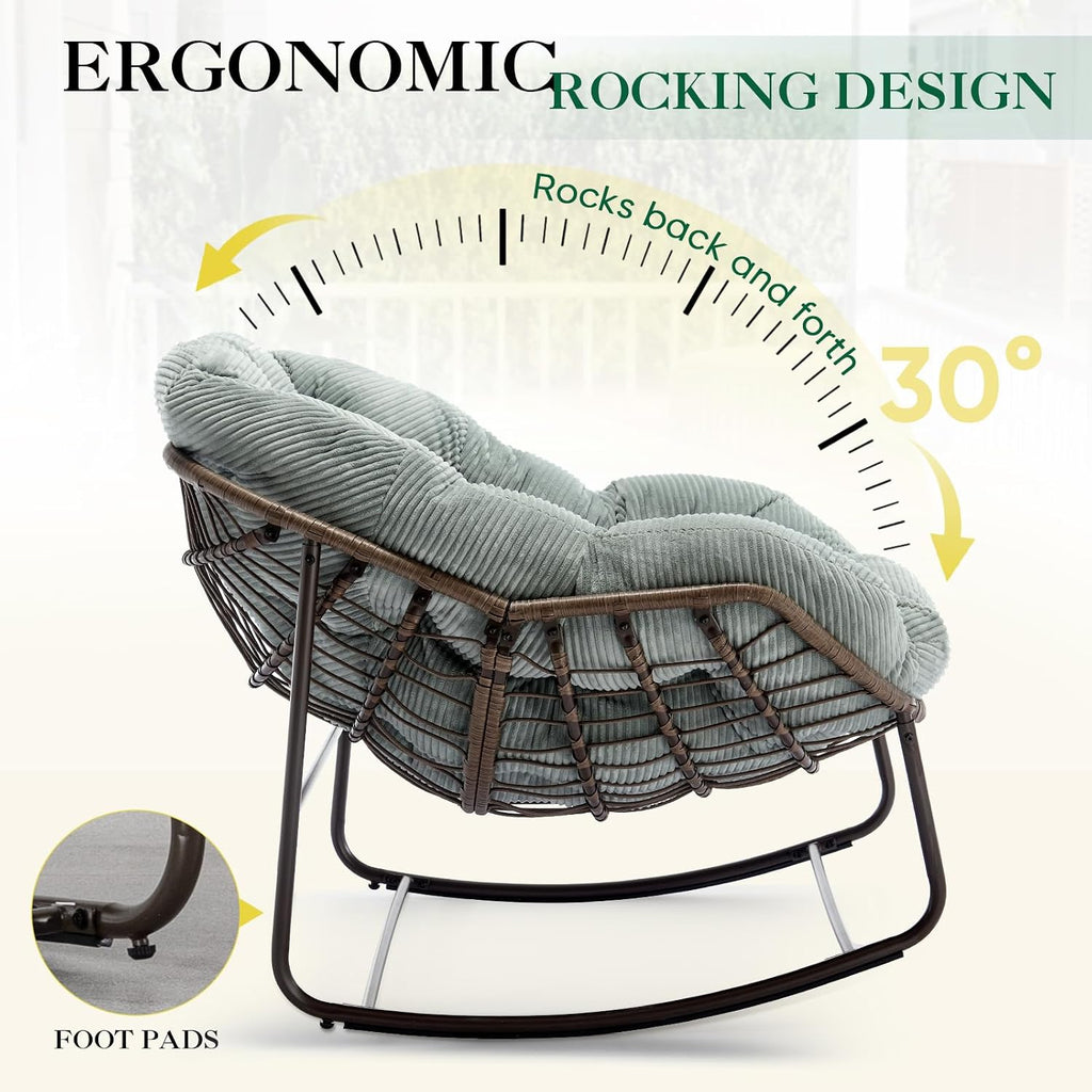 Deolme Large Papasan Rocking Chair with Cushion, Oversized Comfy Reading Chair Lounging Indoor Outdoor Rocker for Front Porch Backyard Bedroom Living Room Egg Chair Rattan (Green Teddy Padded)