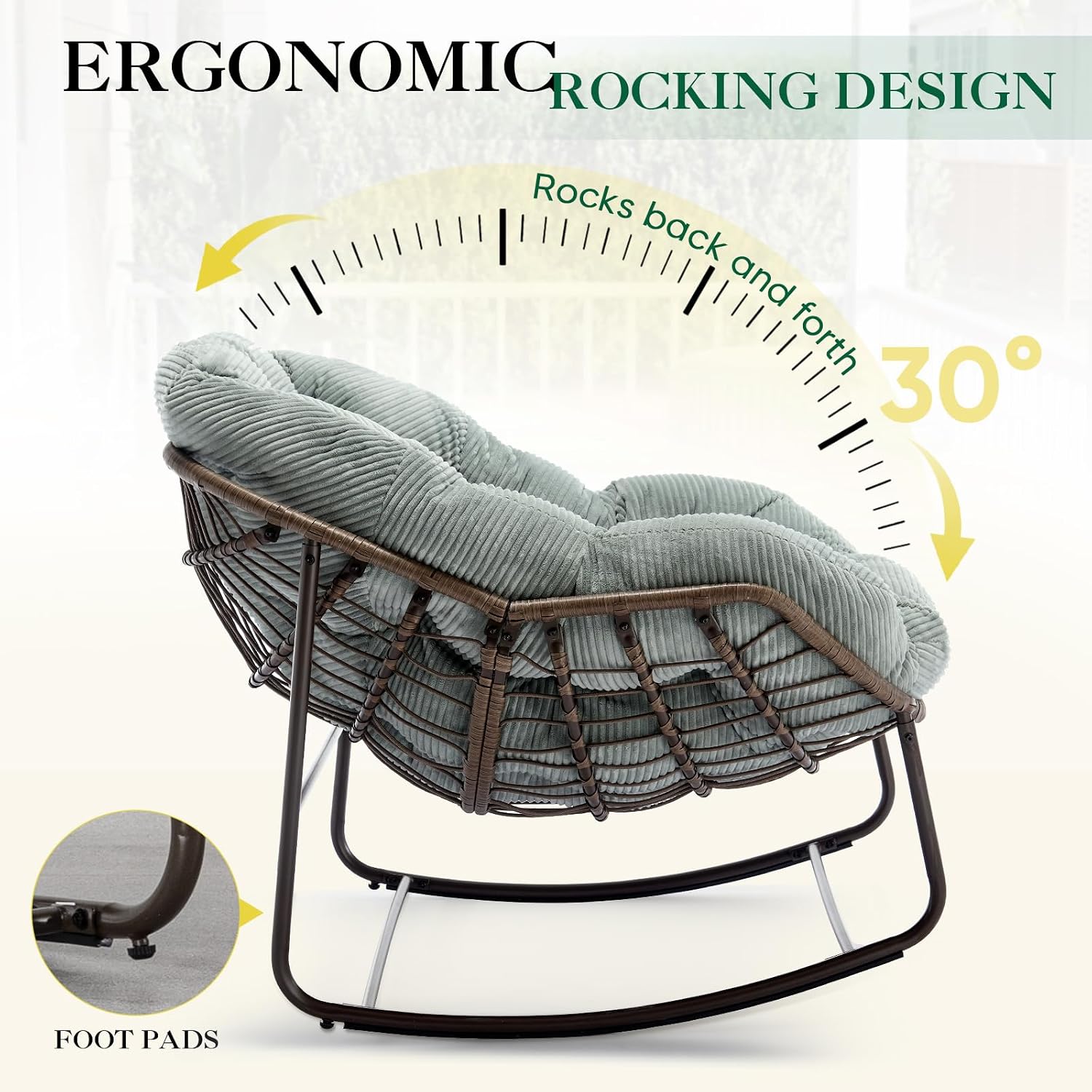 Deolme Large Papasan Rocking Chair Set of 2 with Cushion, Oversized Comfy Reading Chair Lounging Indoor Outdoor Rocker for Front Porch Backyard Bedroom Living Room Egg Chair Rattan (Green Teddy)