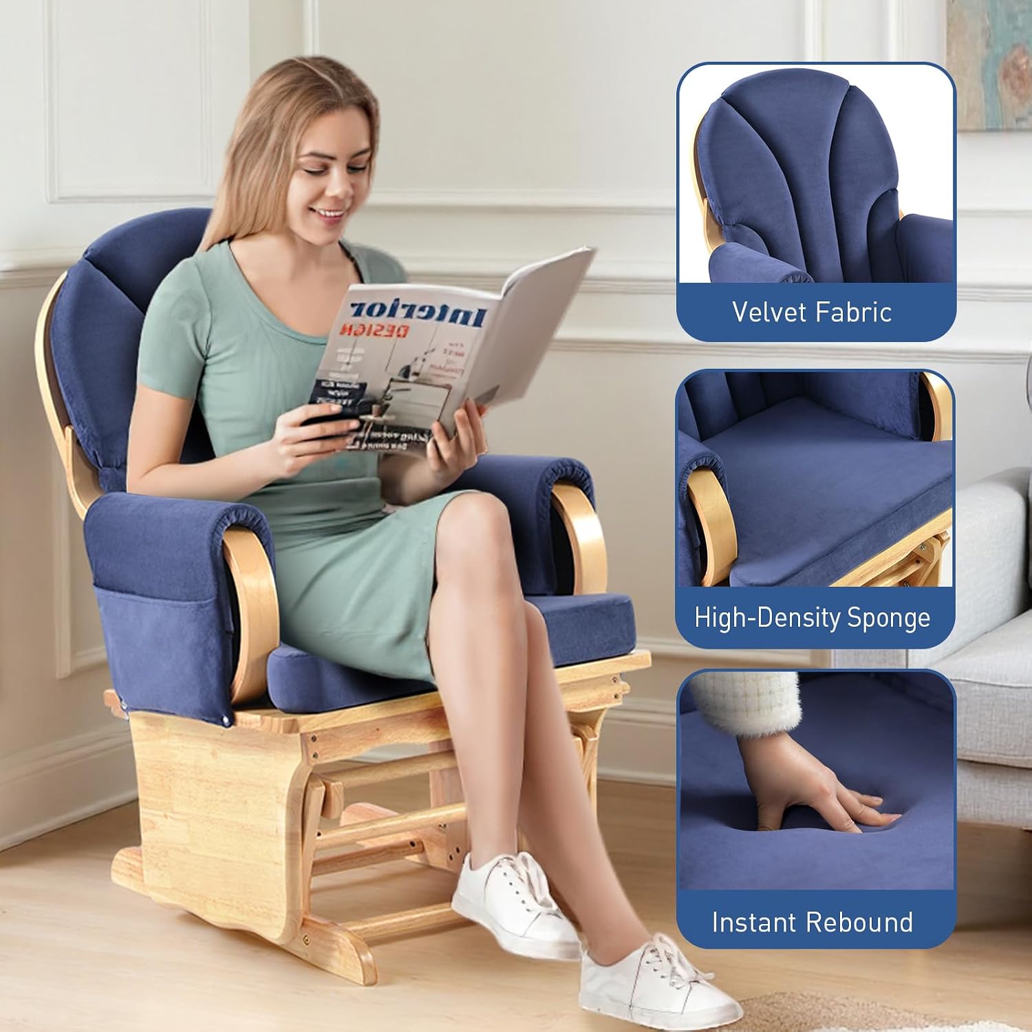 Solid Wood Nursery Glider Rocking Chair, Nursing Rocker Chair with Padded Cushion Armrest, Silent Smooth Rocking Motion for Indoor Living Room Napping Reading, Natural Wood +Blue