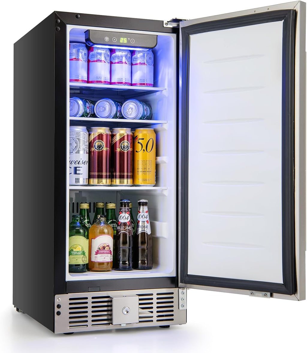 KOTEK 115 Cans Beverage Refrigerator, 32 to 50℉, Under Counter Freestanding Beverage Cooler w/Lockable Stainless Steel Door for Drinks and Food, 2.9 Cu.ft, Mini Beer Fridge for Bedroom, Dorm, Home
