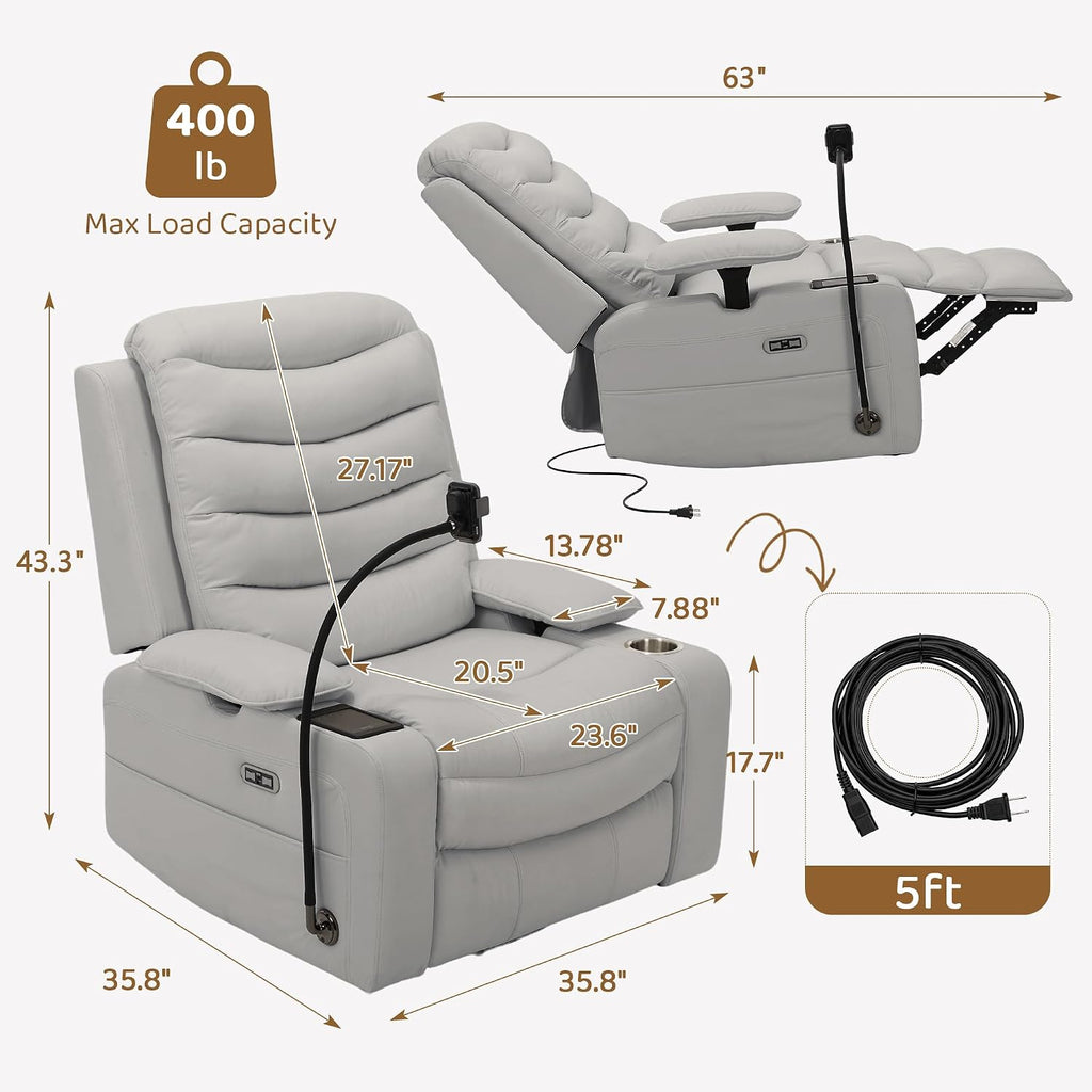 Olela Power Glider Recliner Nursery Chair, PU Leather Swivel Rocking Chair with Electric Lumbar Support, USB Charging, Smart Cup Holder, Light, Adjustable Armrest, Wireless Phone Charger Holder