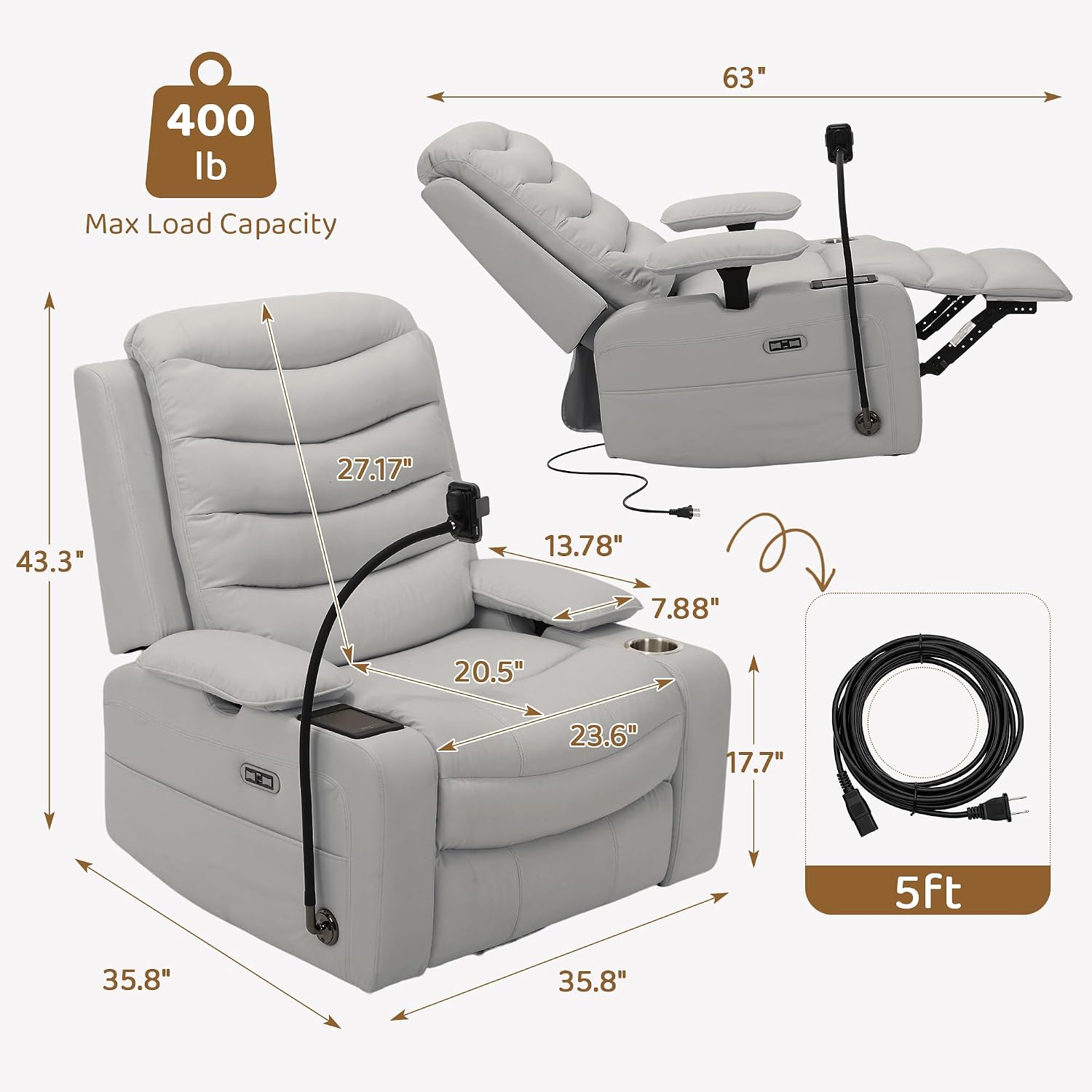 Olela Power Glider Recliner Nursery Chair, PU Leather Swivel Rocking Chair with Electric Lumbar Support, USB Charging, Smart Cup Holder, Light, Adjustable Armrest, Wireless Phone Charger Holder