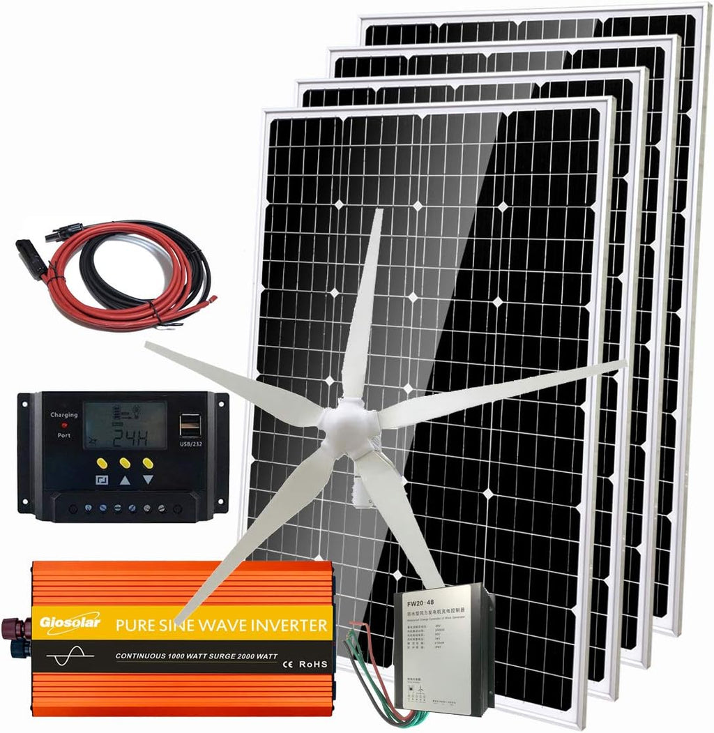 1080W Wind Solar Power Kit 48V Hybrid System Battery Charger :600W Wind Turbine Generator/4pcs 120W Mono Solar Panel/1000W Peak 2000W Power Inverter/PWM Charge Conroller/Cable