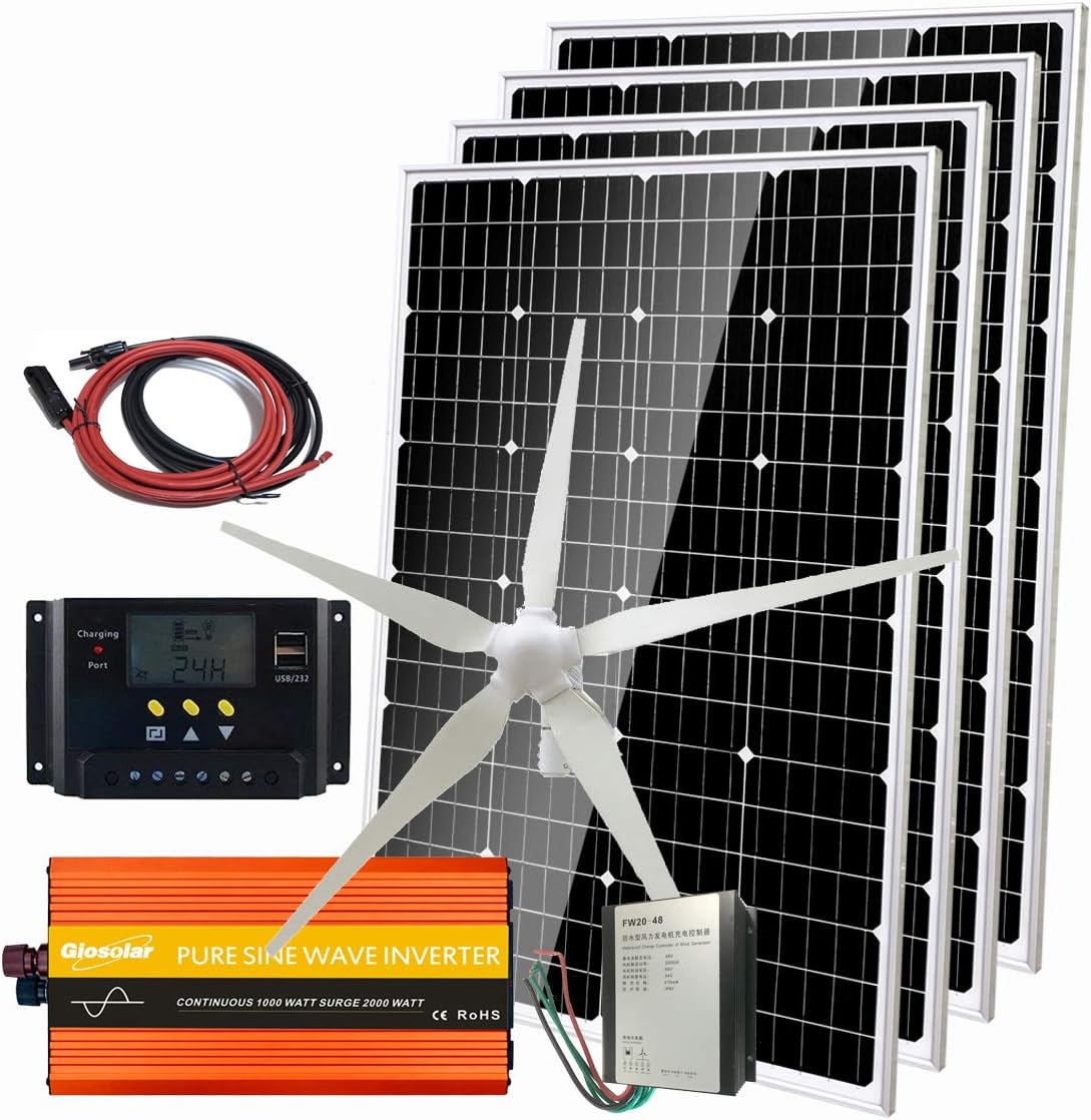 1080W Wind Solar Power Kit 48V Hybrid System Battery Charger :600W Wind Turbine Generator/4pcs 120W Mono Solar Panel/1000W Peak 2000W Power Inverter/PWM Charge Conroller/Cable