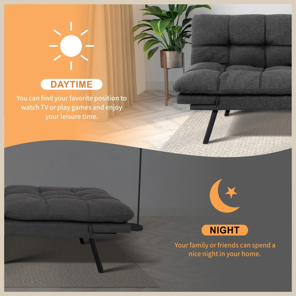 MUUEGM 71' Futon Sofa Bed, Cozy Convertible Loveseat Sleeper, Linen Fabric Couch with Adjustable Back & Arms for Living Room, Guest Room - Charcoal