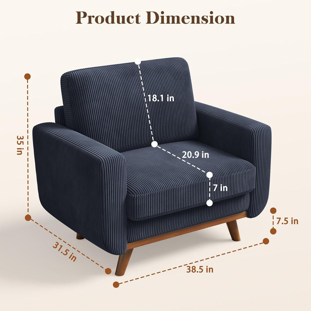 Vesgantti 38.5' Accent Chair Dark Blue, Comfy Corduroy Single Sofa Seat with Spring Cushion, Upholstered Armchair with Deep Seat, Reading Chair for Adults, Modern Sofa for Living Room, Bedroom