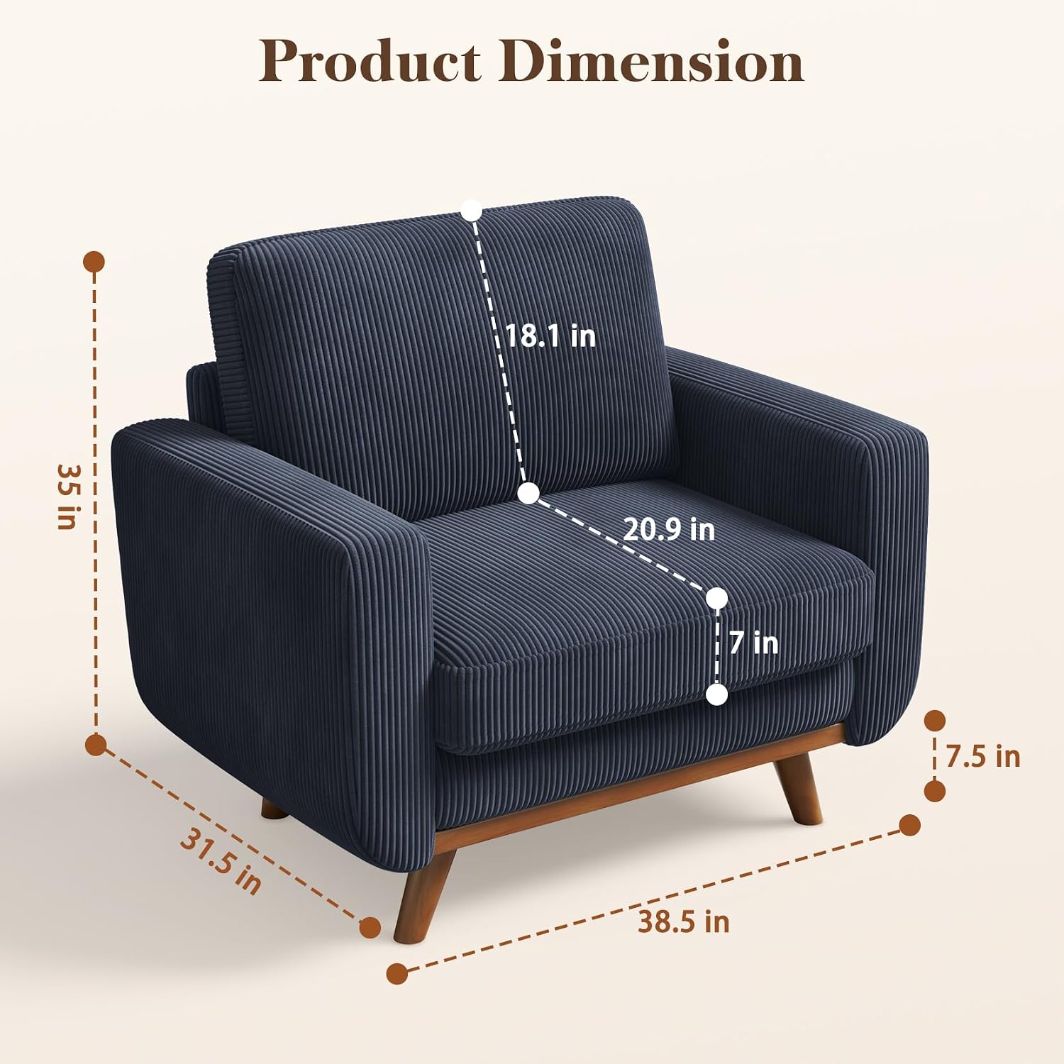 Vesgantti 38.5' Accent Chair Dark Blue, Comfy Corduroy Single Sofa Seat with Spring Cushion, Upholstered Armchair with Deep Seat, Reading Chair for Adults, Modern Sofa for Living Room, Bedroom