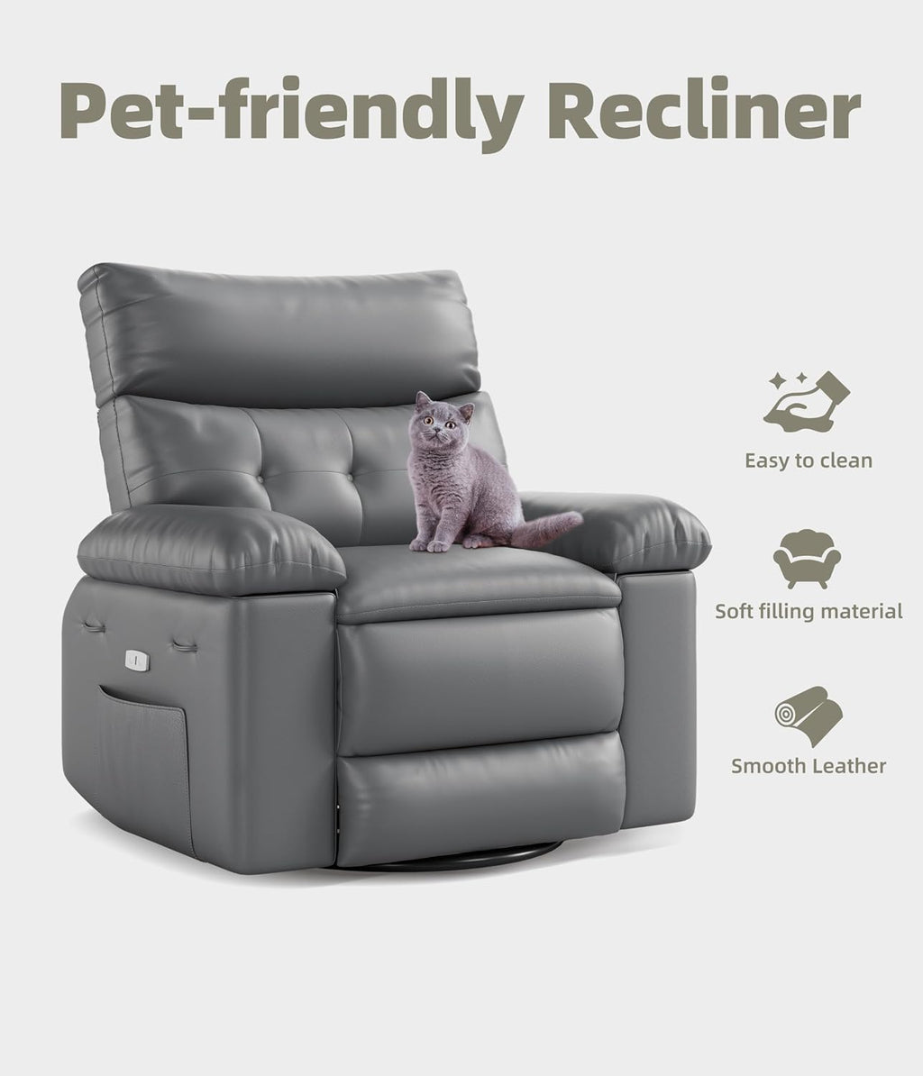 Oversized Recliner Chair with Heating & Massage, XL Faux Leather Nursery Rocking Chairs for Adults with Cup Holder and Side Pockets, Swivel Chair for Living Room, Bedroom Grey