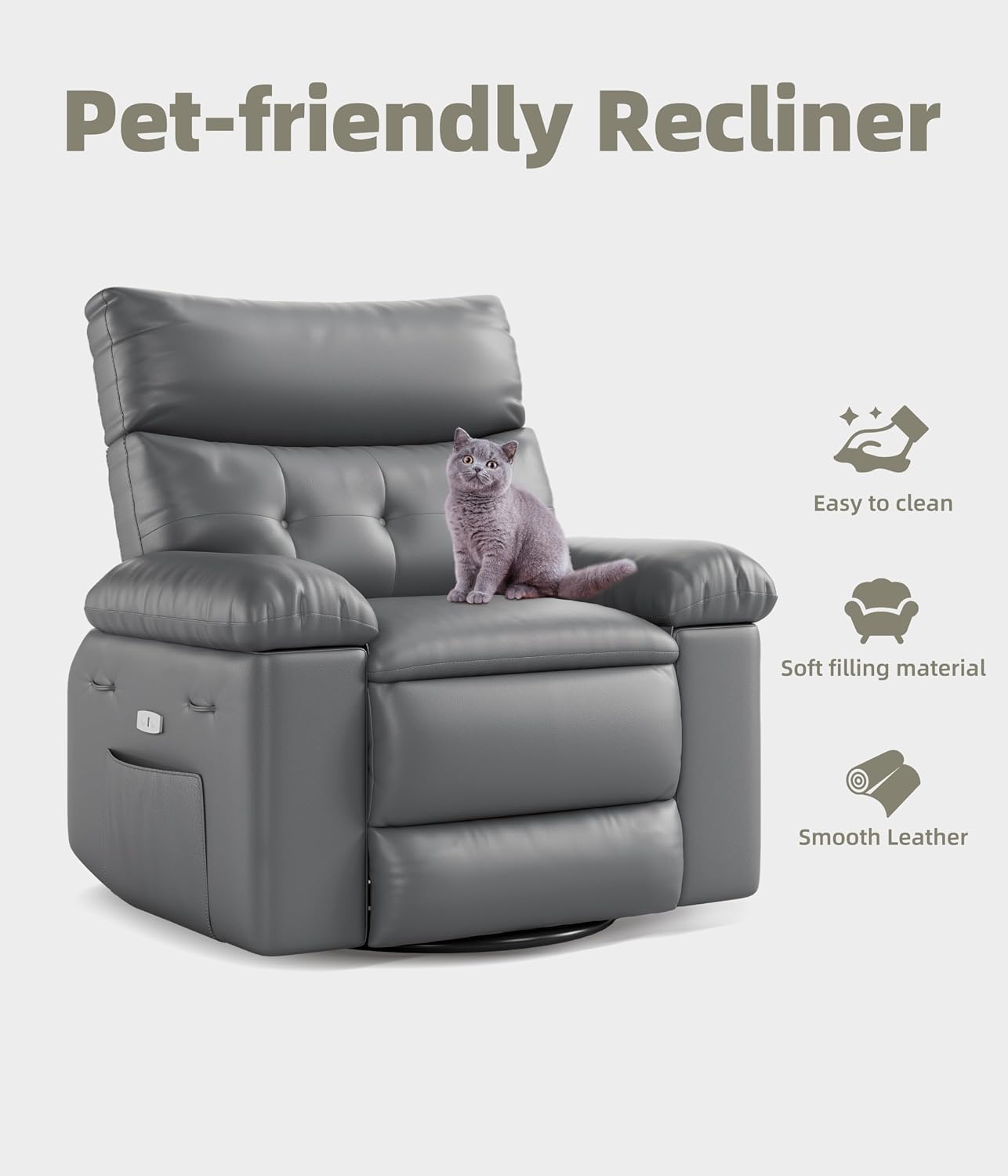 Oversized Recliner Chair with Heating & Massage, XL Faux Leather Nursery Rocking Chairs for Adults with Cup Holder and Side Pockets, Swivel Chair for Living Room, Bedroom Grey