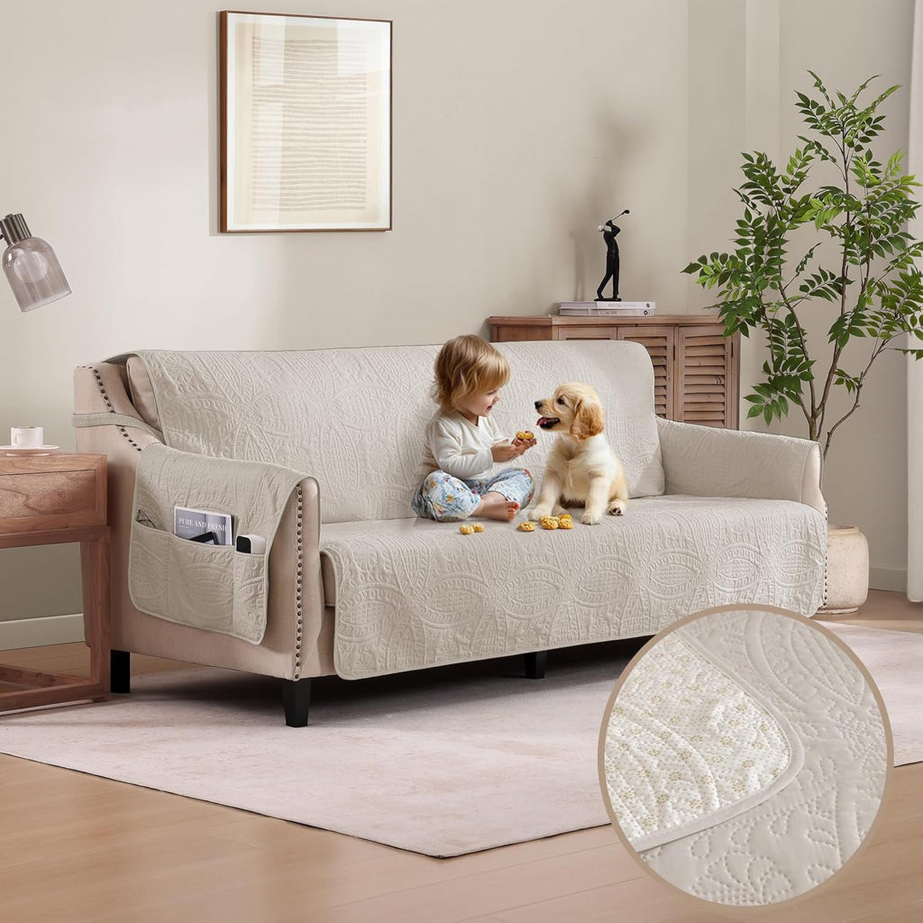 Quilted Grand Sofa Covers for 4 Cushion Couch, Couch Cover for Grand Sofa Washable, Soft Cozy Couch Protector, Oversized Grand Sofa Slipcovers Water-Repellent (Grand Sofa 98', Beige Cream)
