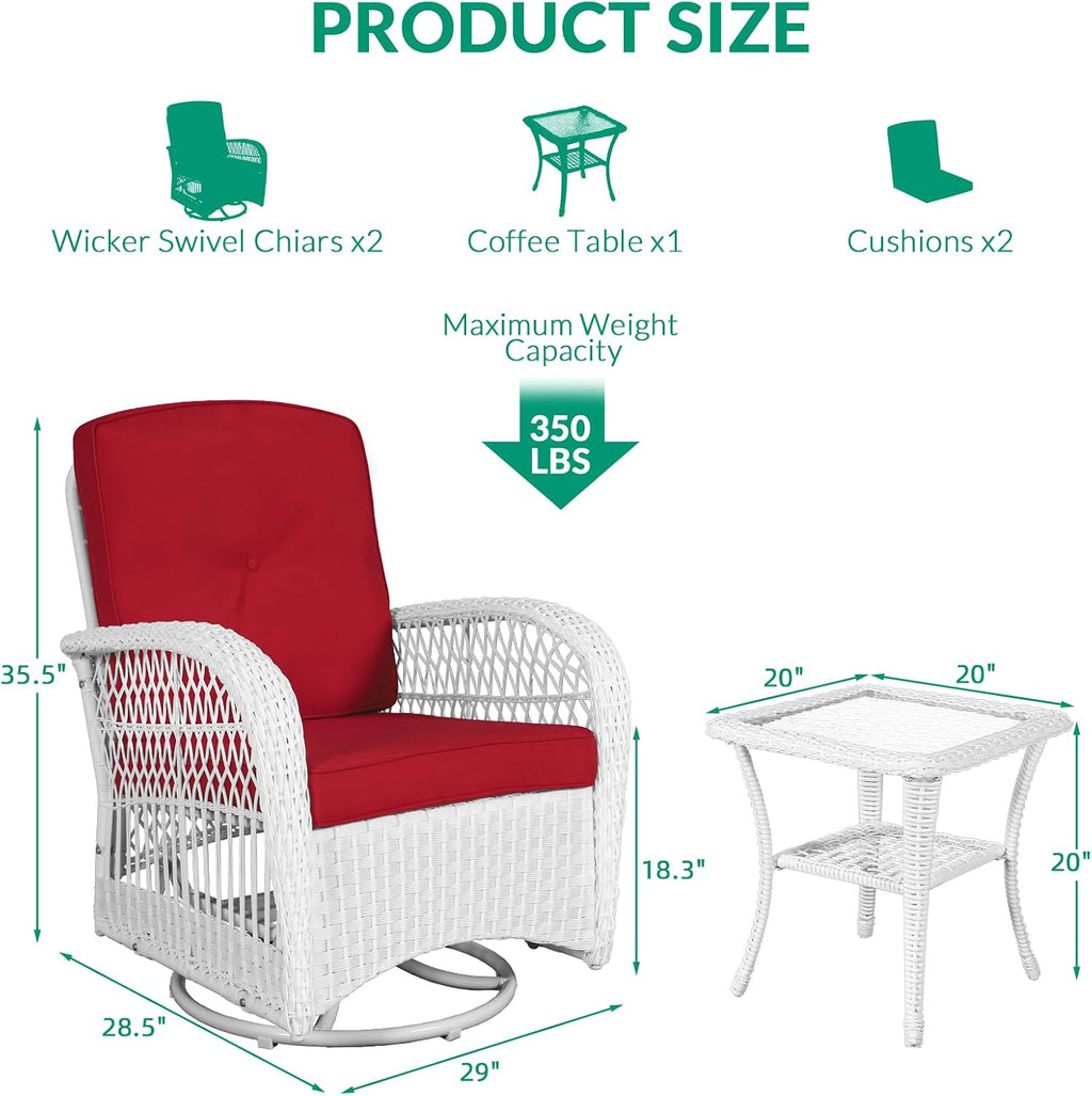 VIVIJASON 3-Piece Outdoor Conversation Bistro Set, Patio Swivel Glider Rocking Chairs Rattan Furniture Sets w/ 2 White Rattan Chairs, Glass Top Side Table for Porch Backyard, Red Cushions