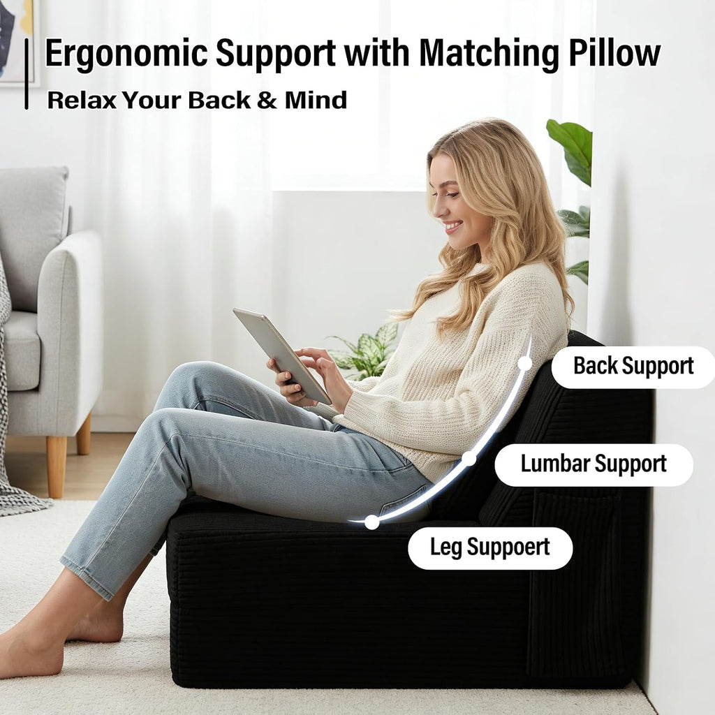 Folding Sofa Bed with Pillow, Convertible Sleeper Chair, Comfy Floor Futon Couch Mattress Lounge Sofa for Adults Portable Fold Out Chair Bed for Living Room Bedroom, Single, Black