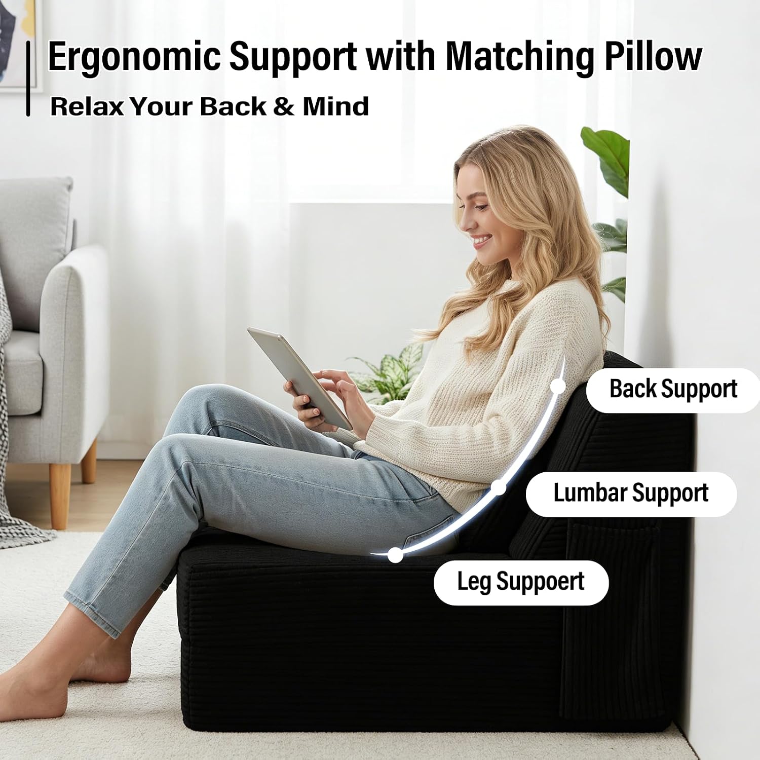 Folding Sofa Bed with Pillow, Convertible Sleeper Chair, Comfy Floor Futon Couch Mattress Lounge Sofa for Adults Portable Fold Out Chair Bed for Living Room Bedroom, Single, Black