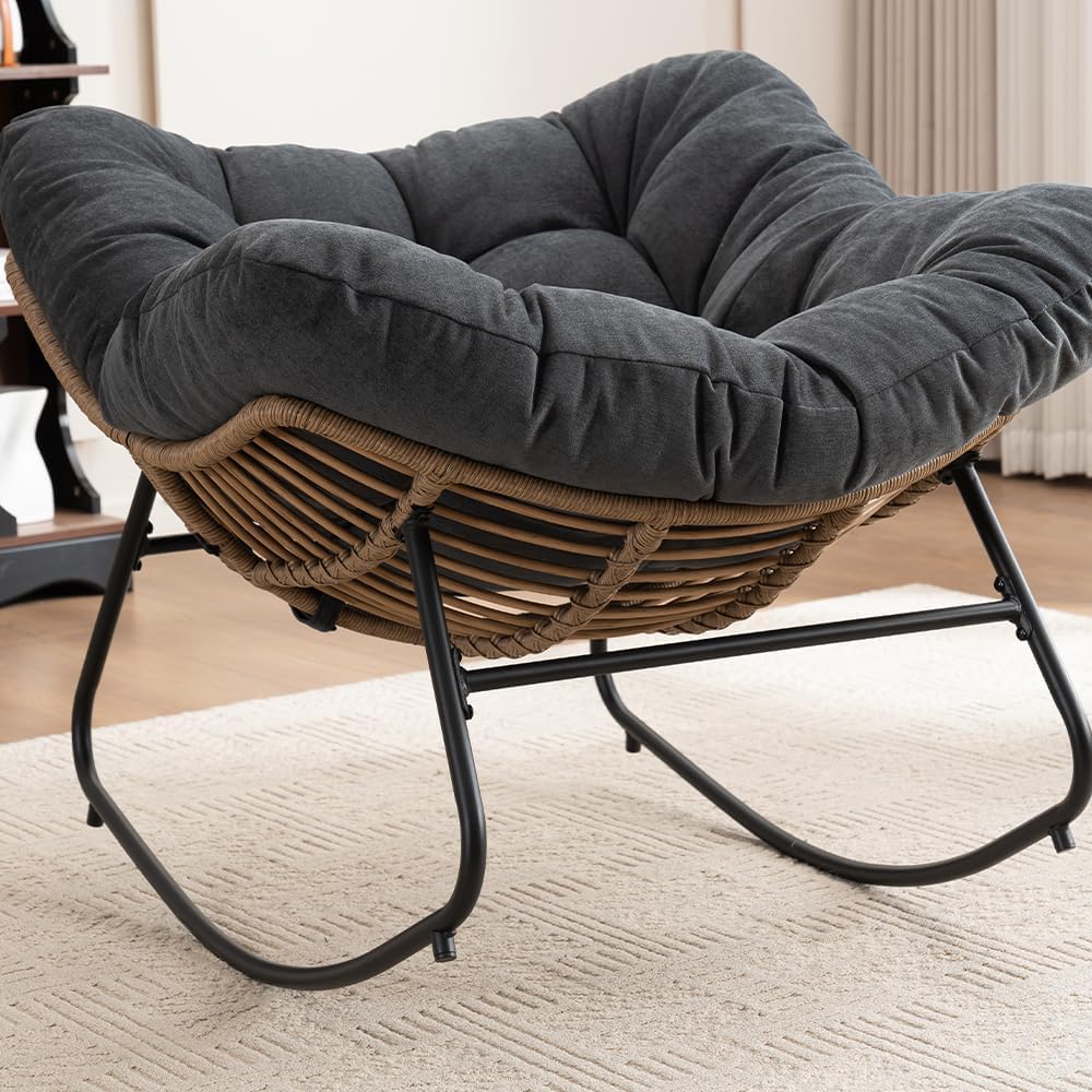 Outdoor Papasan Chair, Oversized Rocking Chair with Cushion and Metal Frame, Patio Lounge Rocking Chair for Balcony Backyard Porch Bedroom Living Room (Black)