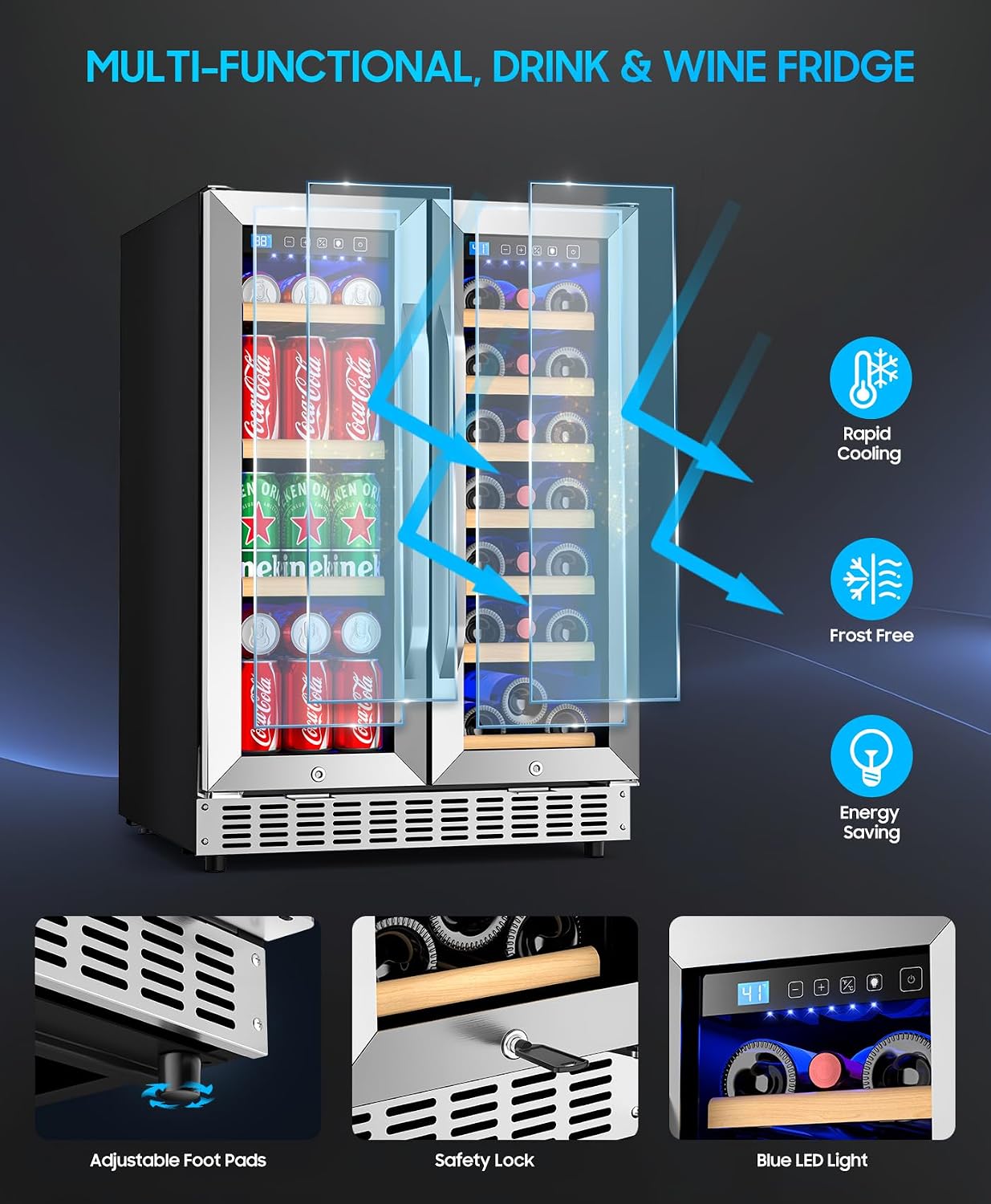 24 Inch Wine and Beverage Refrigerator with Glass Door, Dual Zone Wine Fridge Under Counter - 21 Bottle and 60 Can Large Capacity LED Blue Light Smart Fast Cooling Wine Cooler Drink Fridge