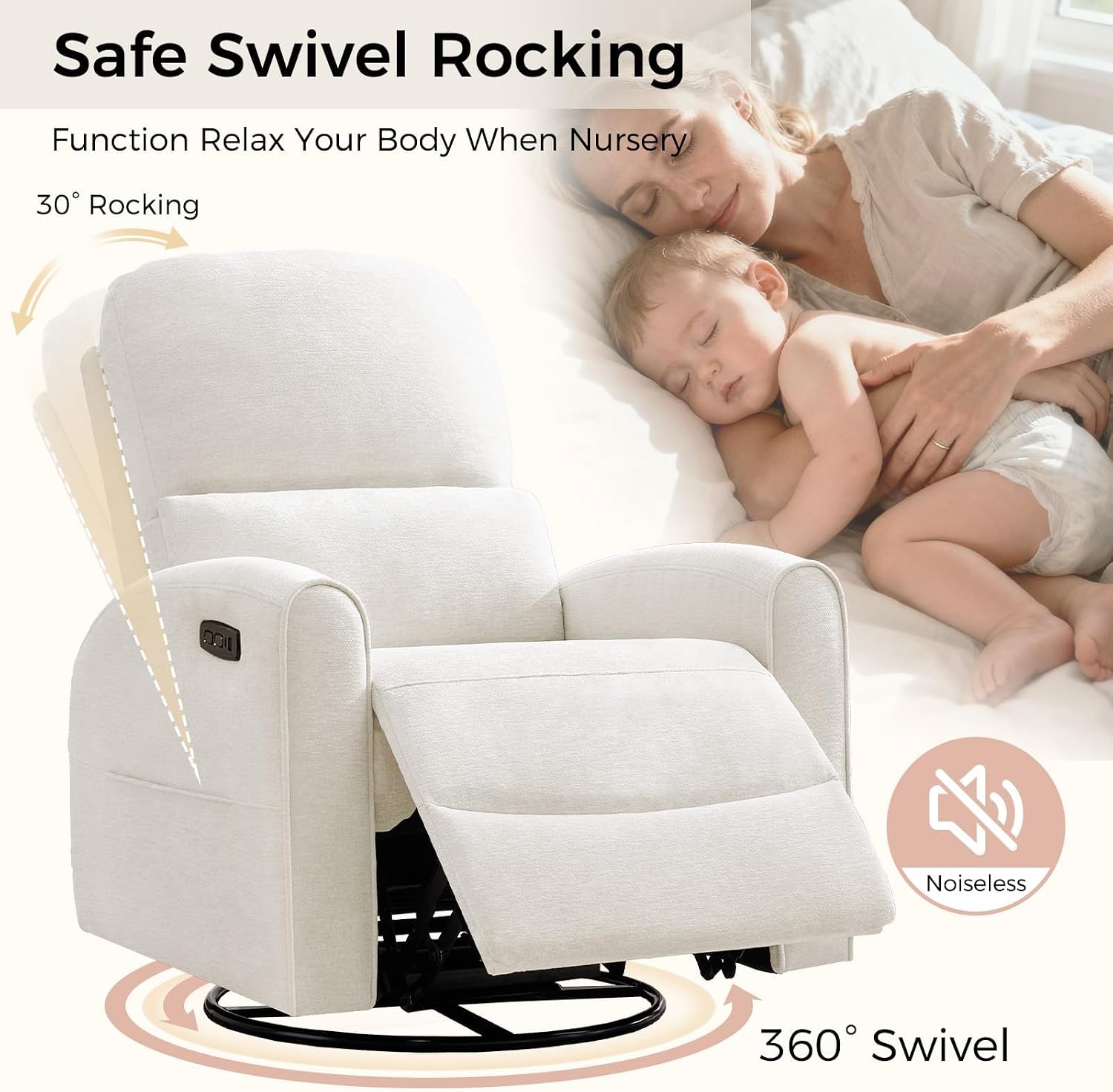 Power Swivel Rocker Recliner, Swivel Glider Nursery Electric Recliner Chair with Lumbar Support, Upholstered Rocking Recling Chairs for Adults Nursery, Living Room, Bedroom, White