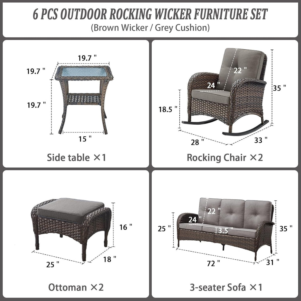 Belord Patio Rocking Chairs Furniture Set of 6, Outdoor Wicker Furniture Sets with Wicker Rocker, Small Patio Conversation Sets with Outdoor Couch Ottomans Brown/Grey