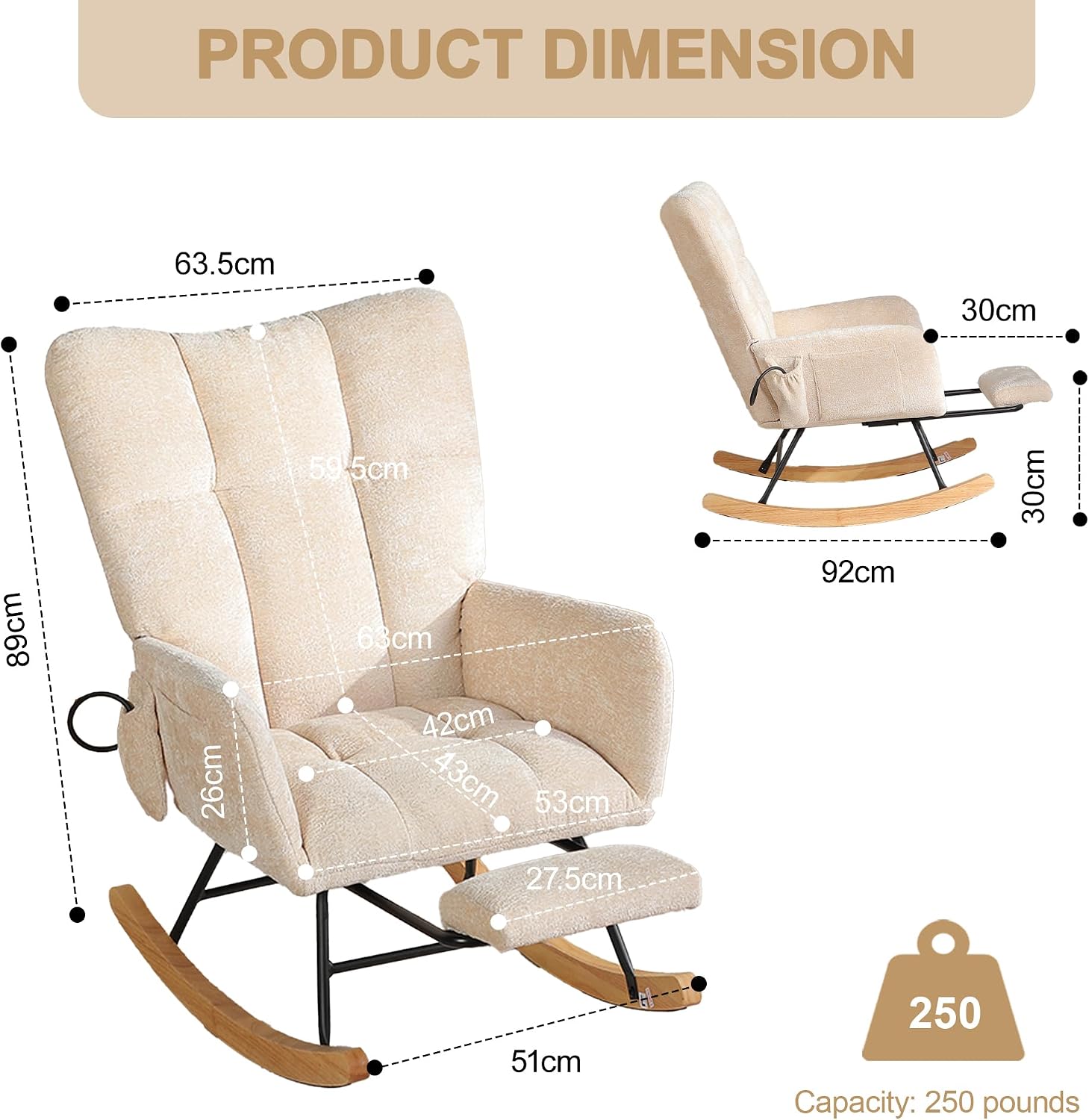 Nursery Rocking Chair with Airbag, Comfy Modern Rocking Reading Chair Indoor with Footrest, Cozy Upholstered Glider Rocker Chairs for Living Room Bedroom Offices, (Chenille, Beige)