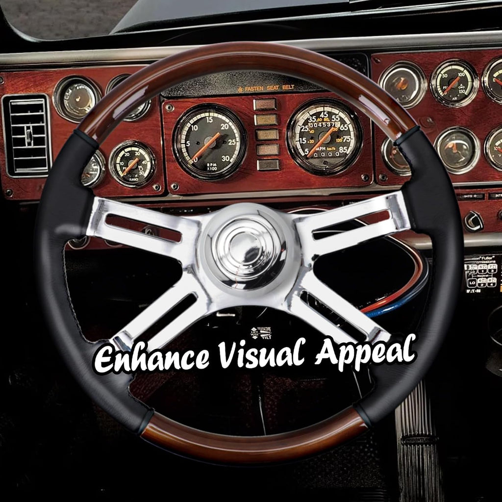 Sorghum 18' Solid Wood Steering Wheel - 4 Spokes Aluminum Chrome Leather Cover Steering Wheel with Horn Button for Semi-Trailers Trucks Compatible with Mack Kenworth Peterbilt Volvo Freightliner
