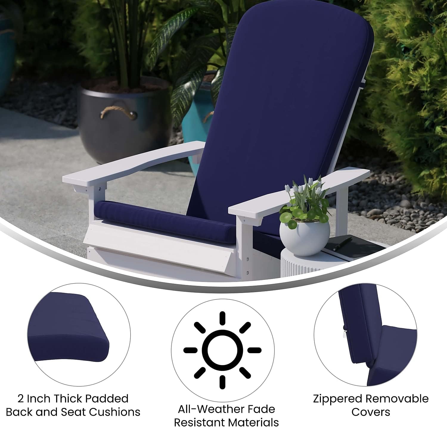 Flash Furniture Charlestown Set of 2 Adirondack Chair Cushions - Blue Fabric Cushions - 2' Thick Padding - Indoor/Outdoor - Patio Chair Replacement Cushions