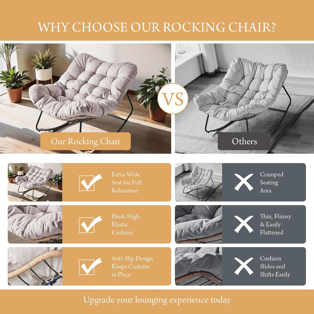 Outdoor Rocking Chair, Oversized Papasan Wicker Lounge Chair with Cushion, Relaxing Patio Rocker, Indoor Reading Egg Chair for Porch, Patio, Bedroom, Garden (Beige)