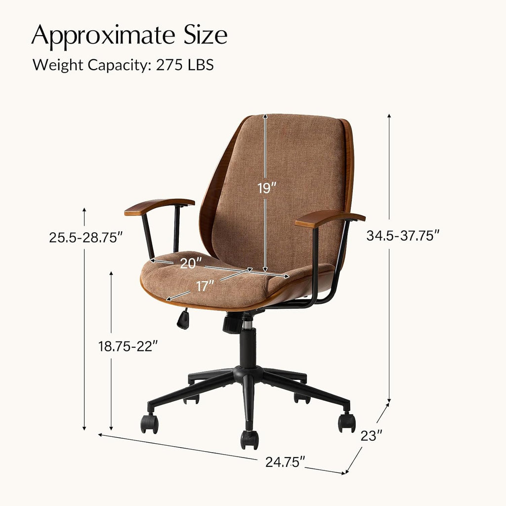 HULALA HOME Solid Wood Office Chair with Rocking Function, Comfy Fabric Desk Chair with Bent Wood and Metal Base, Height Adjustable Swivel Computer Task Chair, Camel