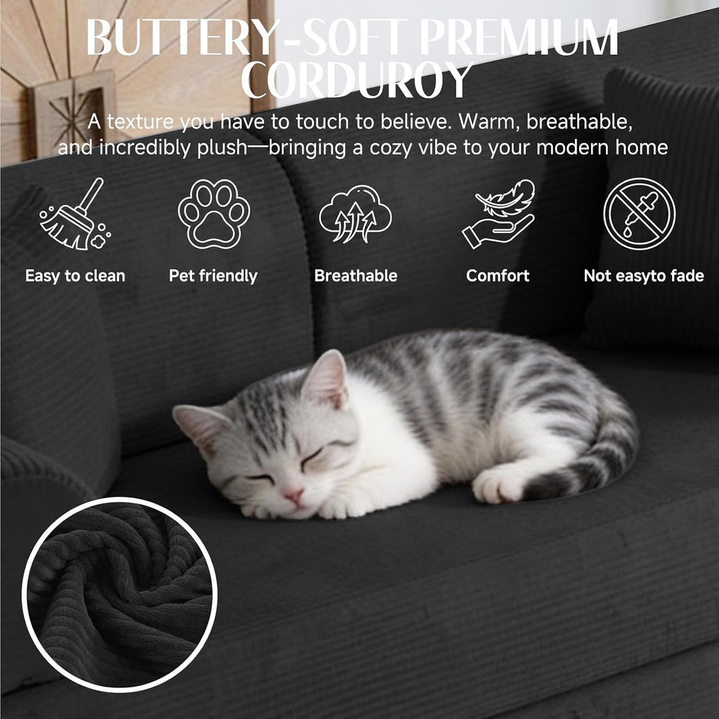79'' Convertible Sofa Bed, 6 in 1 Folding Floor Futon Couch Sleeper with Fixed Frame, Corduroy Modular Sofa Bed with Removable Armrests & Pillows, No Assembly for Living Room Bedroom (Black)