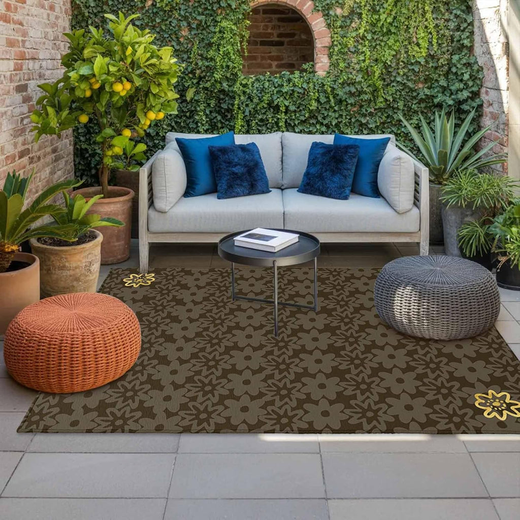 Brown Golden Floral Outdoor Rug for Patio/Deck/Porch, Non-Slip Large Area Rug 5 x 7 Ft, Modern Abstract Art Spring Flowers Indoor Outdoor Rugs Washable Area Rugs, Reversible Camping Rug Carpet Runner