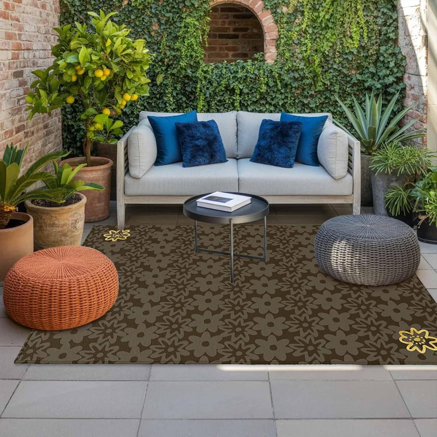 Brown Golden Floral Outdoor Rug for Patio/Deck/Porch, Non-Slip Large Area Rug 5 x 7 Ft, Modern Abstract Art Spring Flowers Indoor Outdoor Rugs Washable Area Rugs, Reversible Camping Rug Carpet Runner