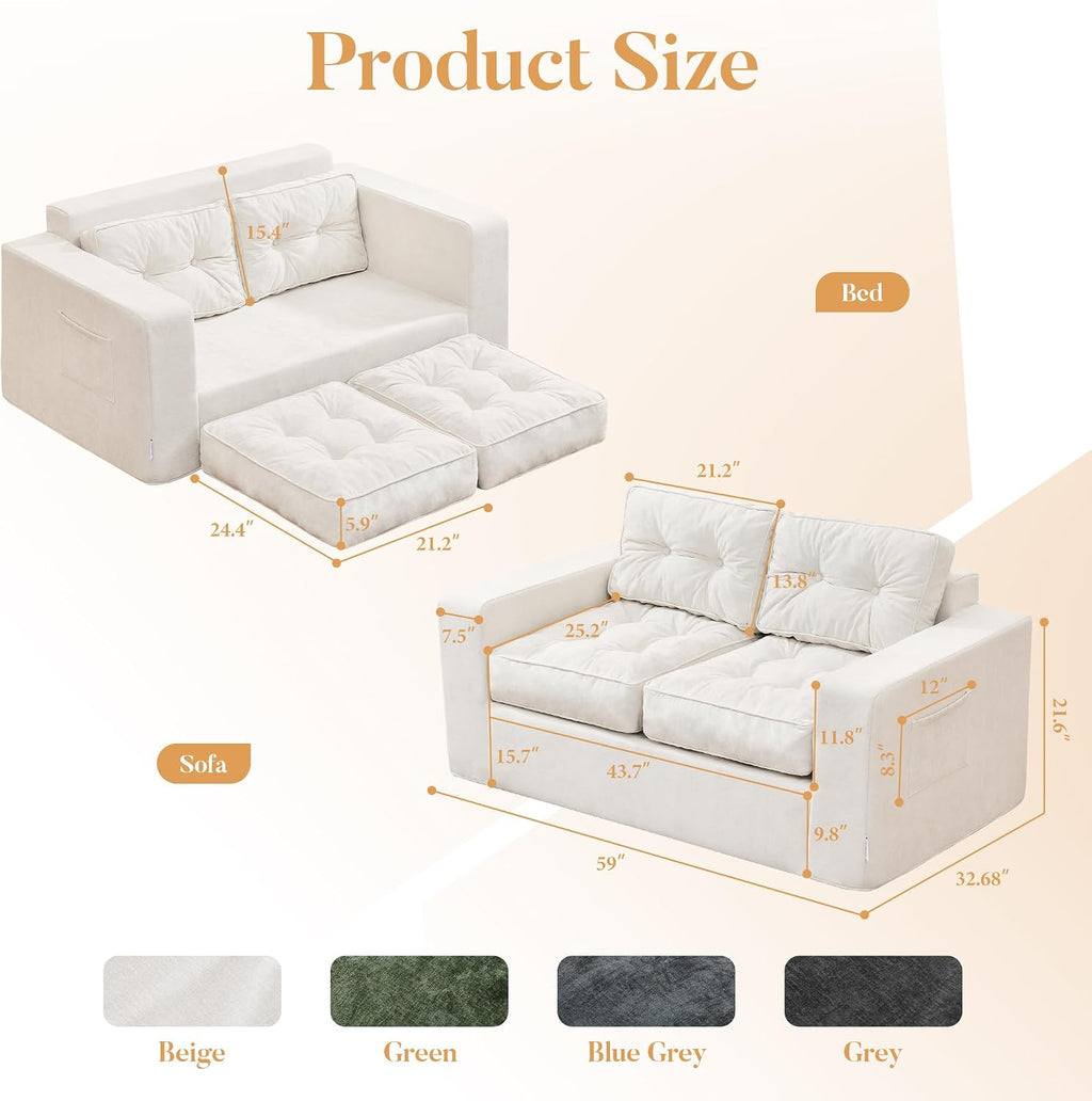 Hobestluk Sofa Couch Loveseat Sofa with Chenille Fabric 2-Seater Sofa for Small Spaces Comfortable Foam Floor Sofa 2 in 1 Boneless Couch for Living Room Bedroom Apartment or Office (Beige, Loveseat)