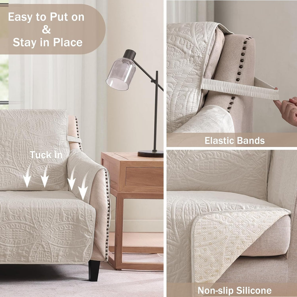 Quilted Grand Sofa Covers for 4 Cushion Couch, Couch Cover for Grand Sofa Washable, Soft Cozy Couch Protector, Oversized Grand Sofa Slipcovers Water-Repellent (Grand Sofa 98', Beige Cream)