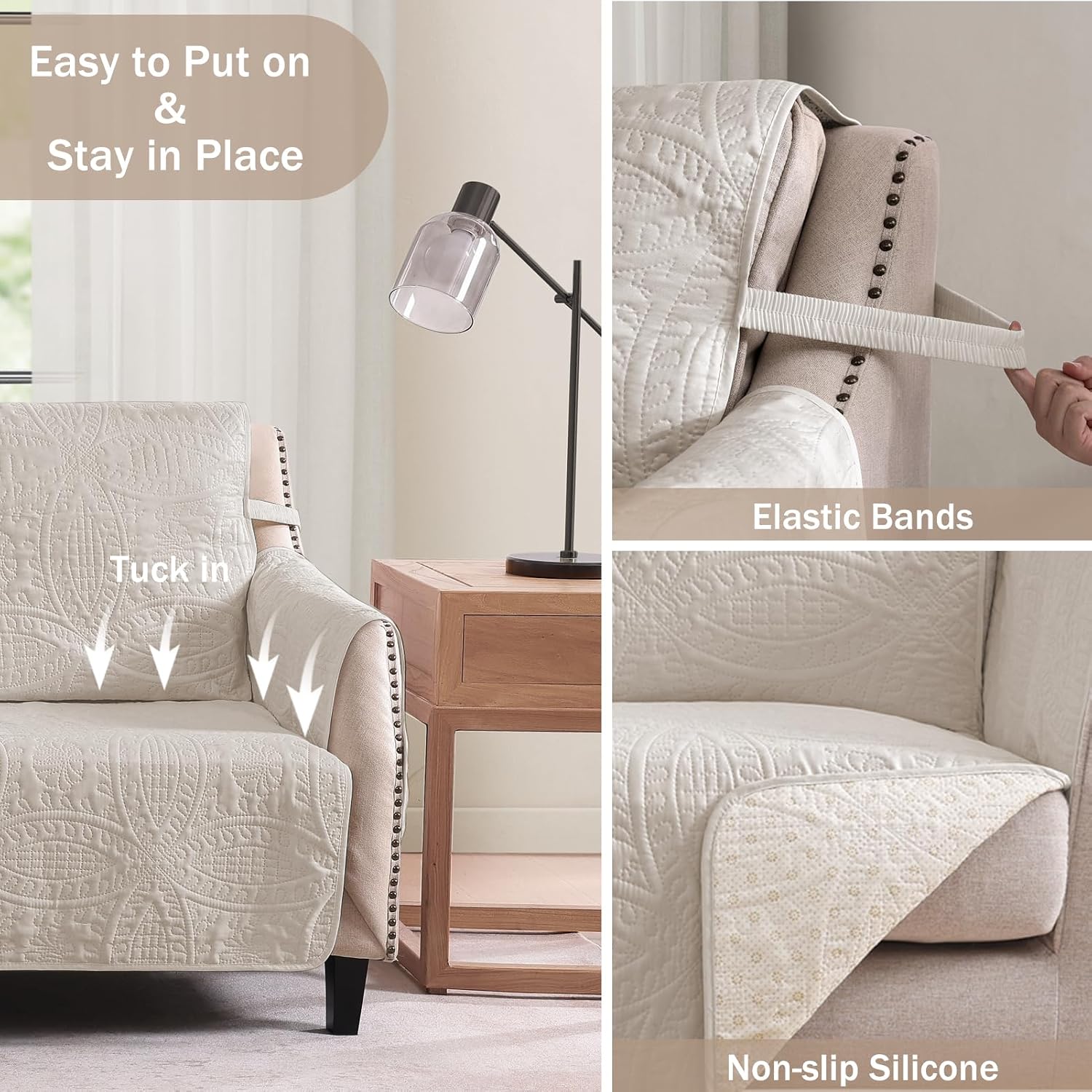 Quilted Grand Sofa Covers for 4 Cushion Couch, Couch Cover for Grand Sofa Washable, Soft Cozy Couch Protector, Oversized Grand Sofa Slipcovers Water-Repellent (Grand Sofa 98', Beige Cream)