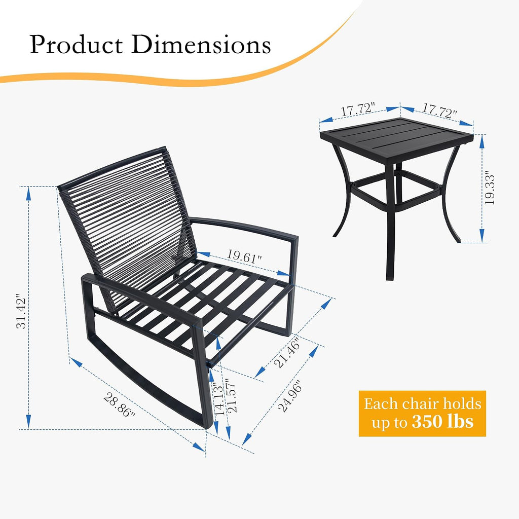Domi Outdoor 3-Piece Wicker Rocking Chair Set, Patio Conversation Set with Removable Textilene Cushions & Metal Coffee Table, All-Weather Outside Chair Set of 3 for Balcony, Backyard, Pool, Grey
