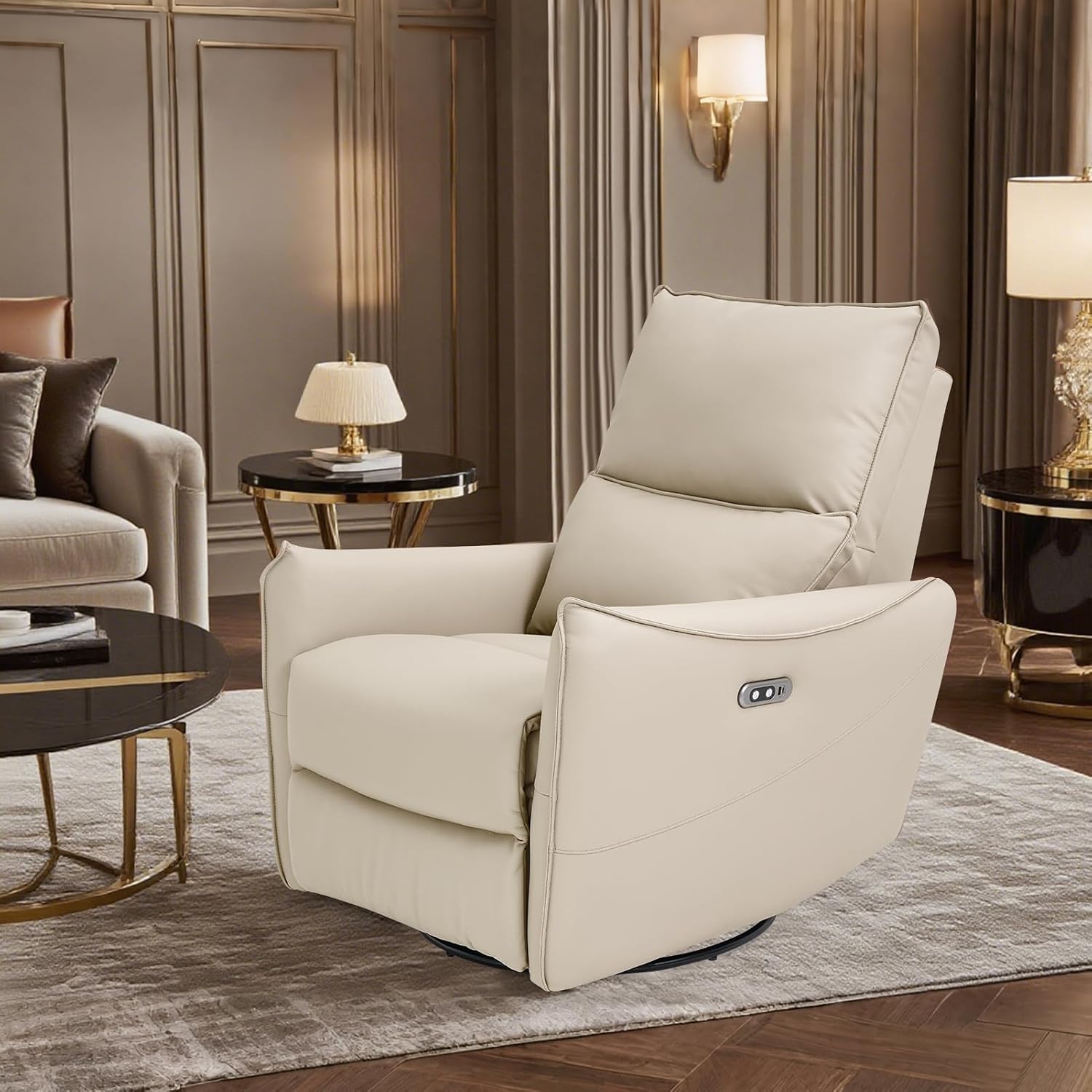 Recliner Sofa Rocking Chair Swivel Power Reclining Adjustable 360 Degree Spinning with Ergonomics Lumbar Support Natural Leather for Home Theater Seating Living Room, Bedroom, Nursery, Beige